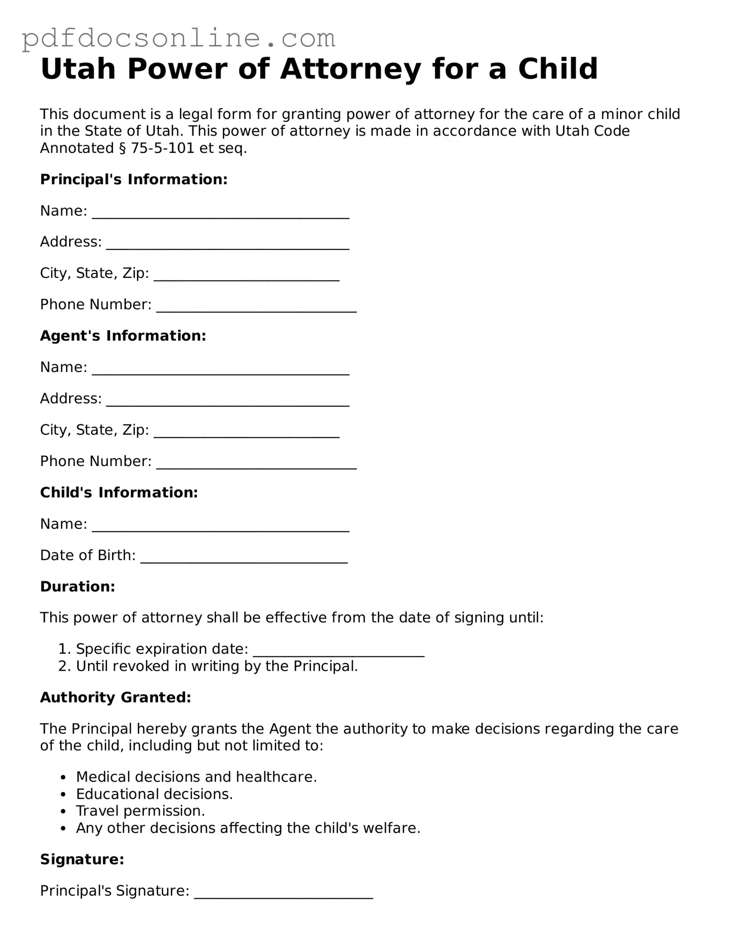 Attorney-Verified  Power of Attorney for a Child Form for Utah