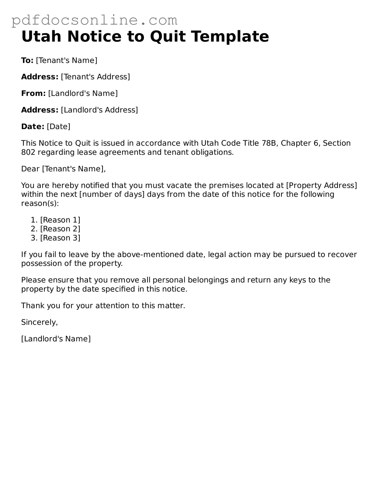Attorney-Verified  Notice to Quit Form for Utah
