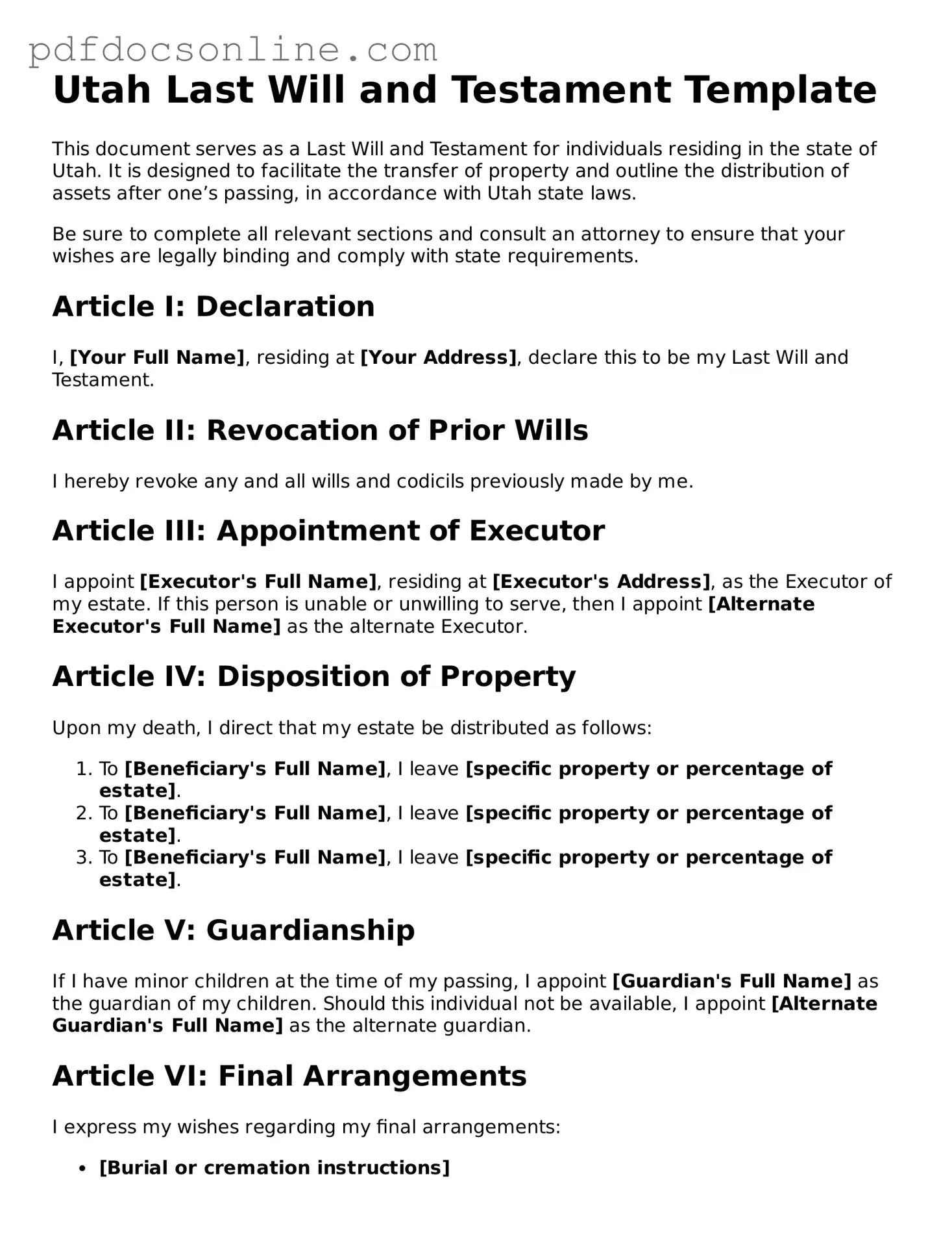 Attorney-Verified  Last Will and Testament Form for Utah
