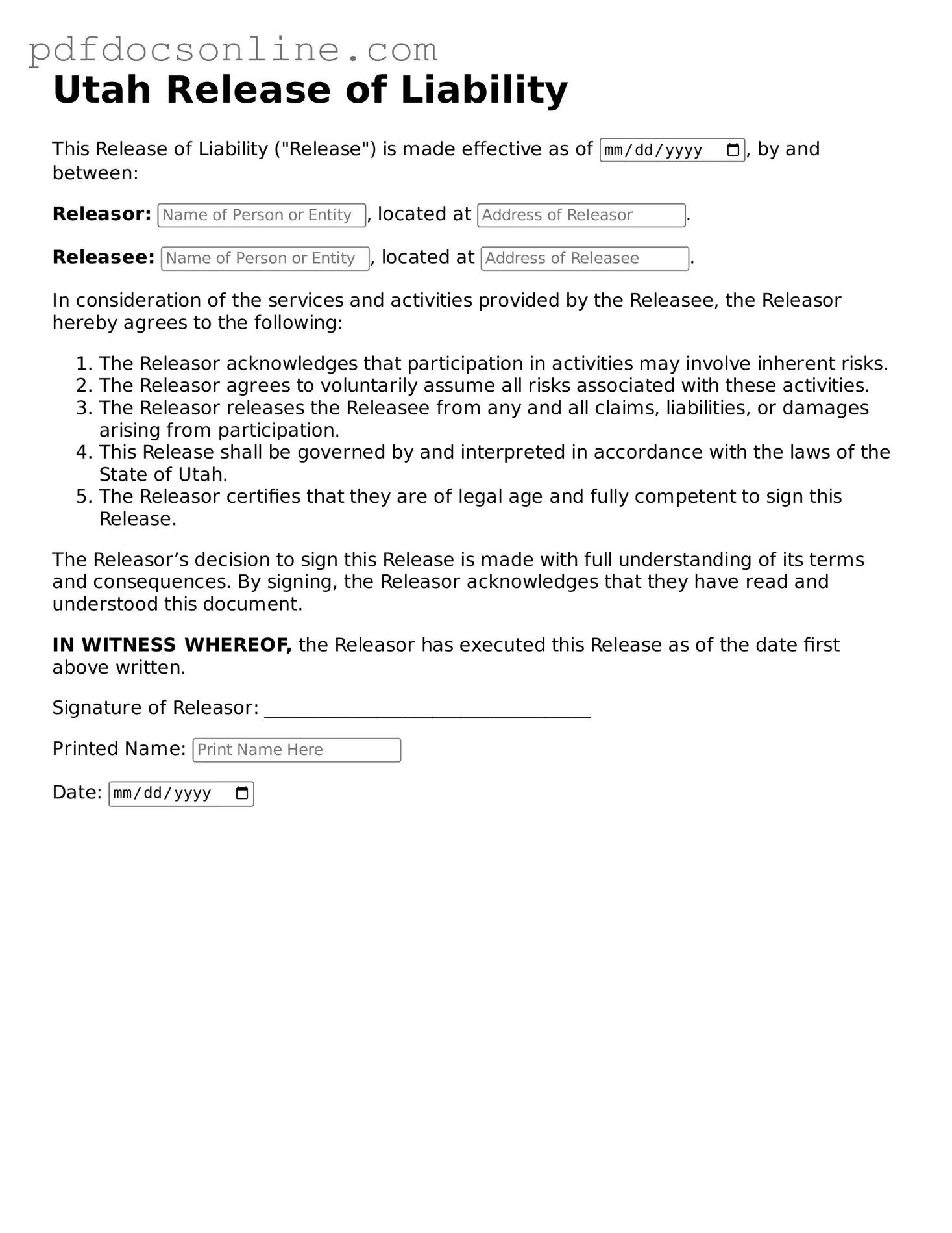 Attorney-Verified  Release of Liability Form for Utah