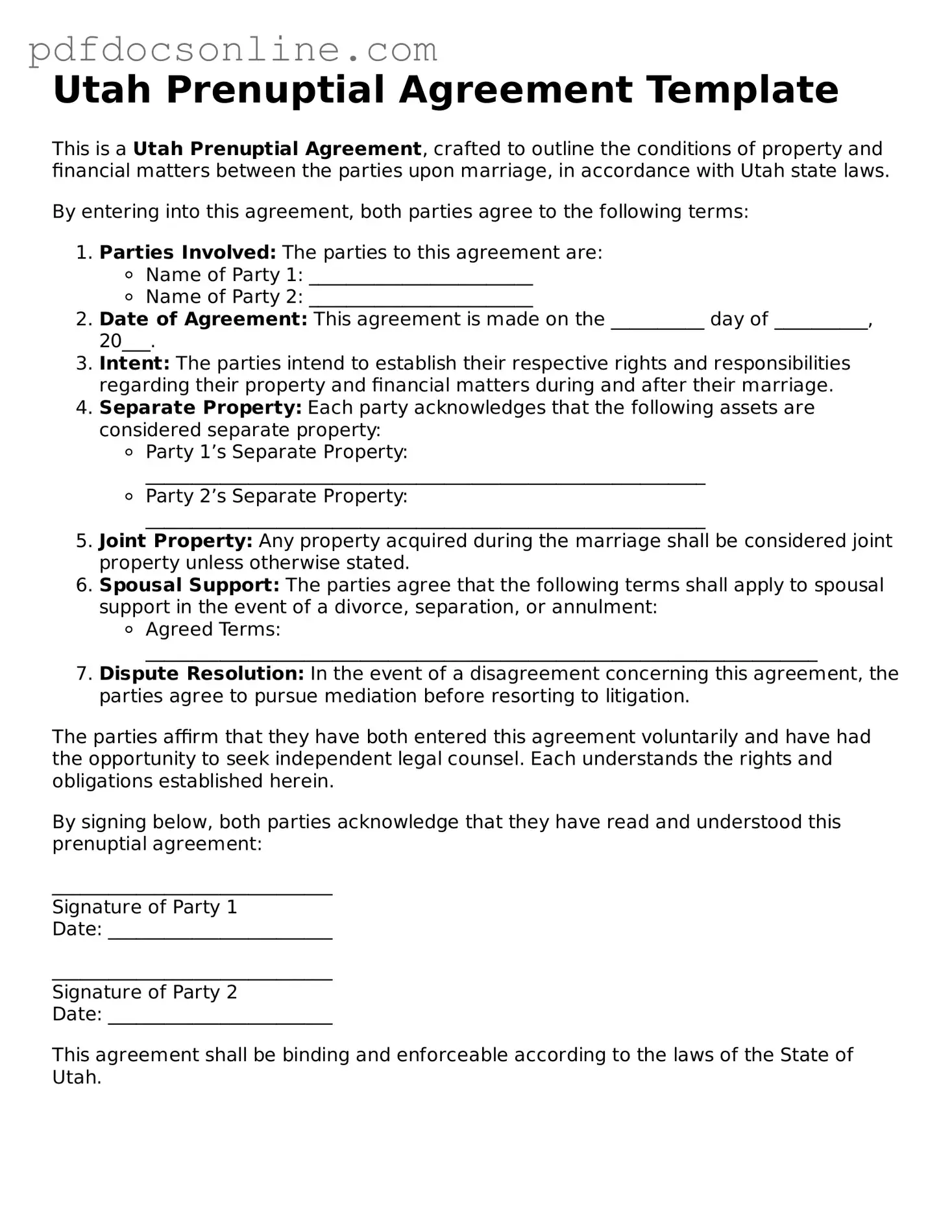 Attorney-Verified  Prenuptial Agreement Form for Utah