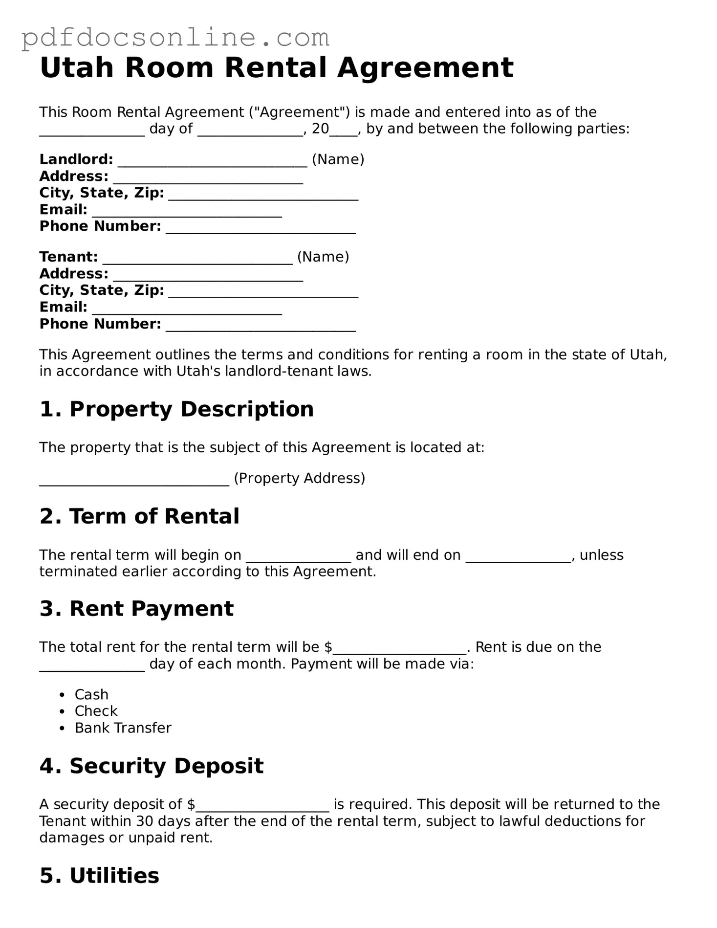 Attorney-Verified  Room Rental Agreement Form for Utah
