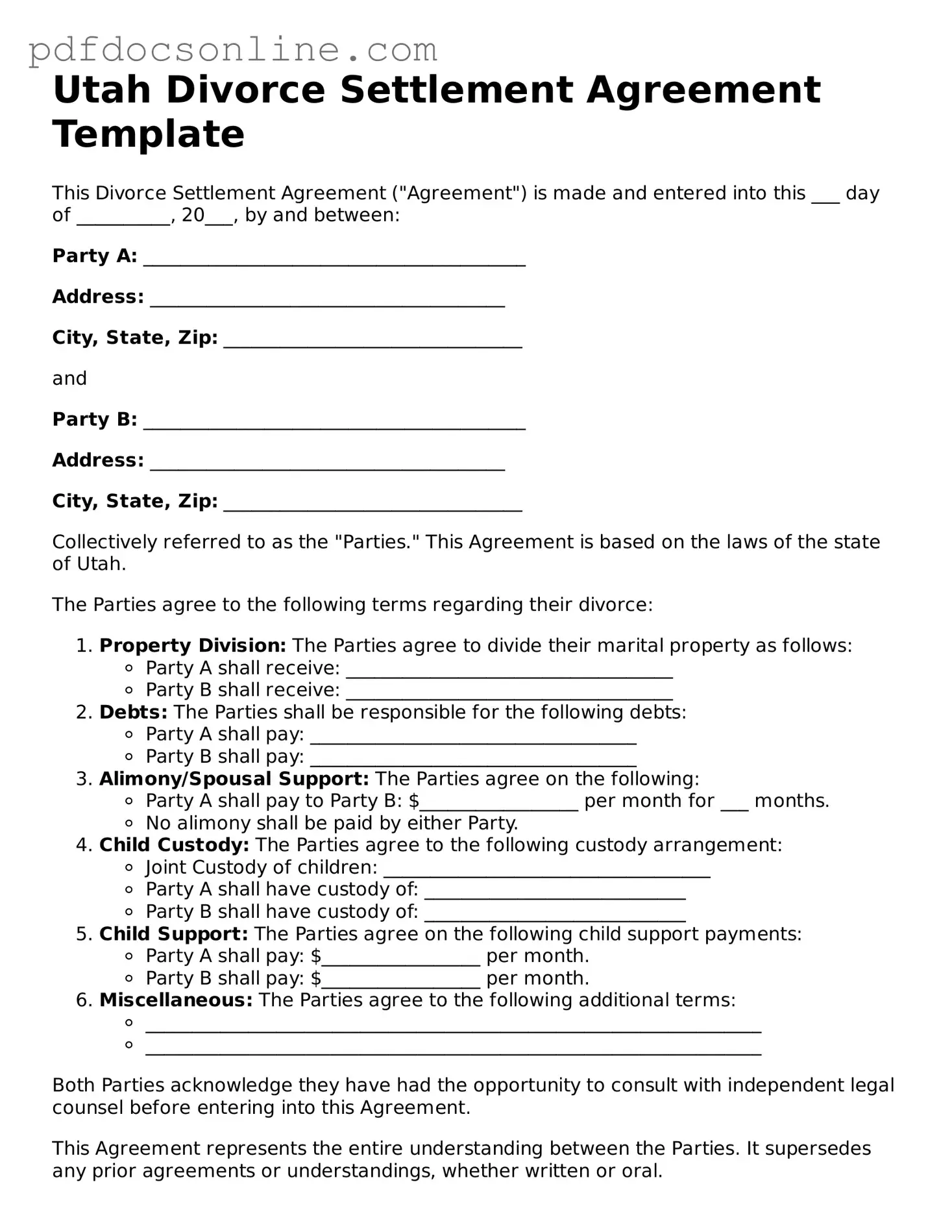 Attorney-Verified  Divorce Settlement Agreement Form for Utah