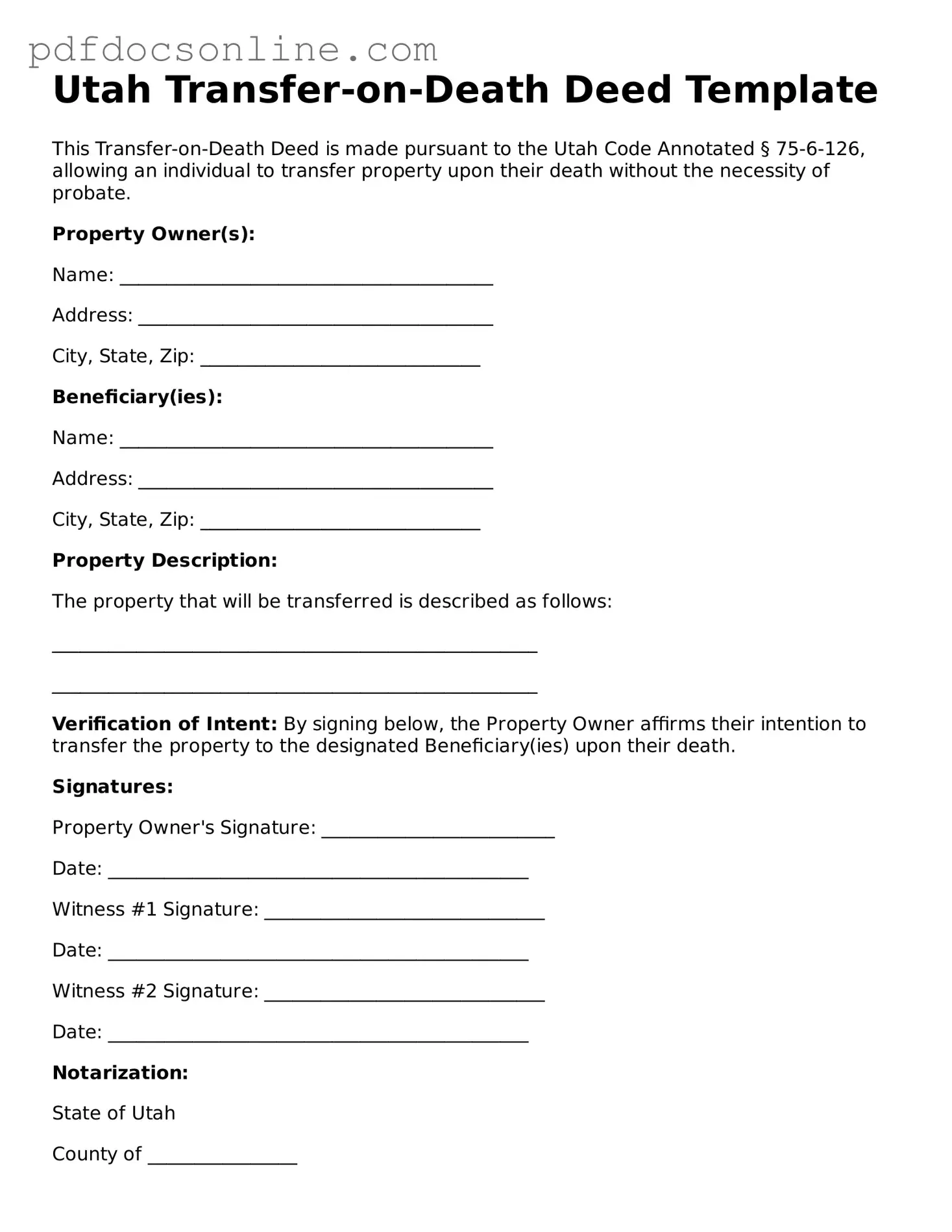 Attorney-Verified  Transfer-on-Death Deed Form for Utah