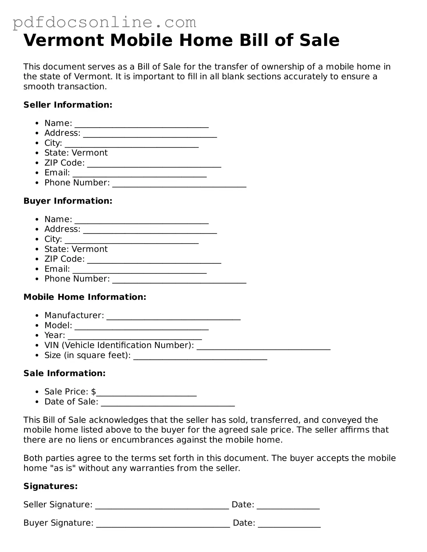 Attorney-Verified  Mobile Home Bill of Sale Form for Vermont