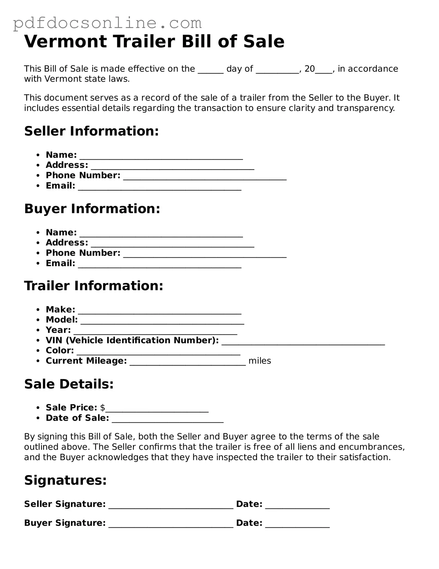 Attorney-Verified  Trailer Bill of Sale Form for Vermont
