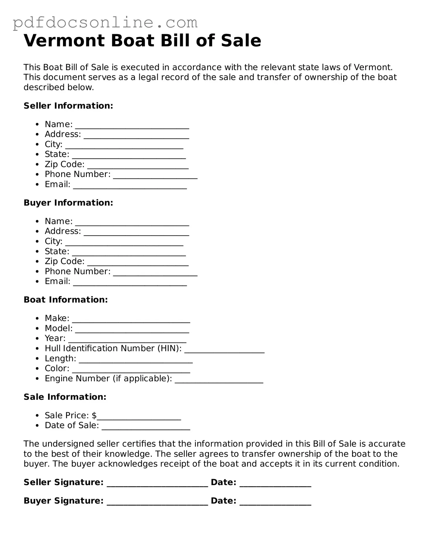 Attorney-Verified  Boat Bill of Sale Form for Vermont