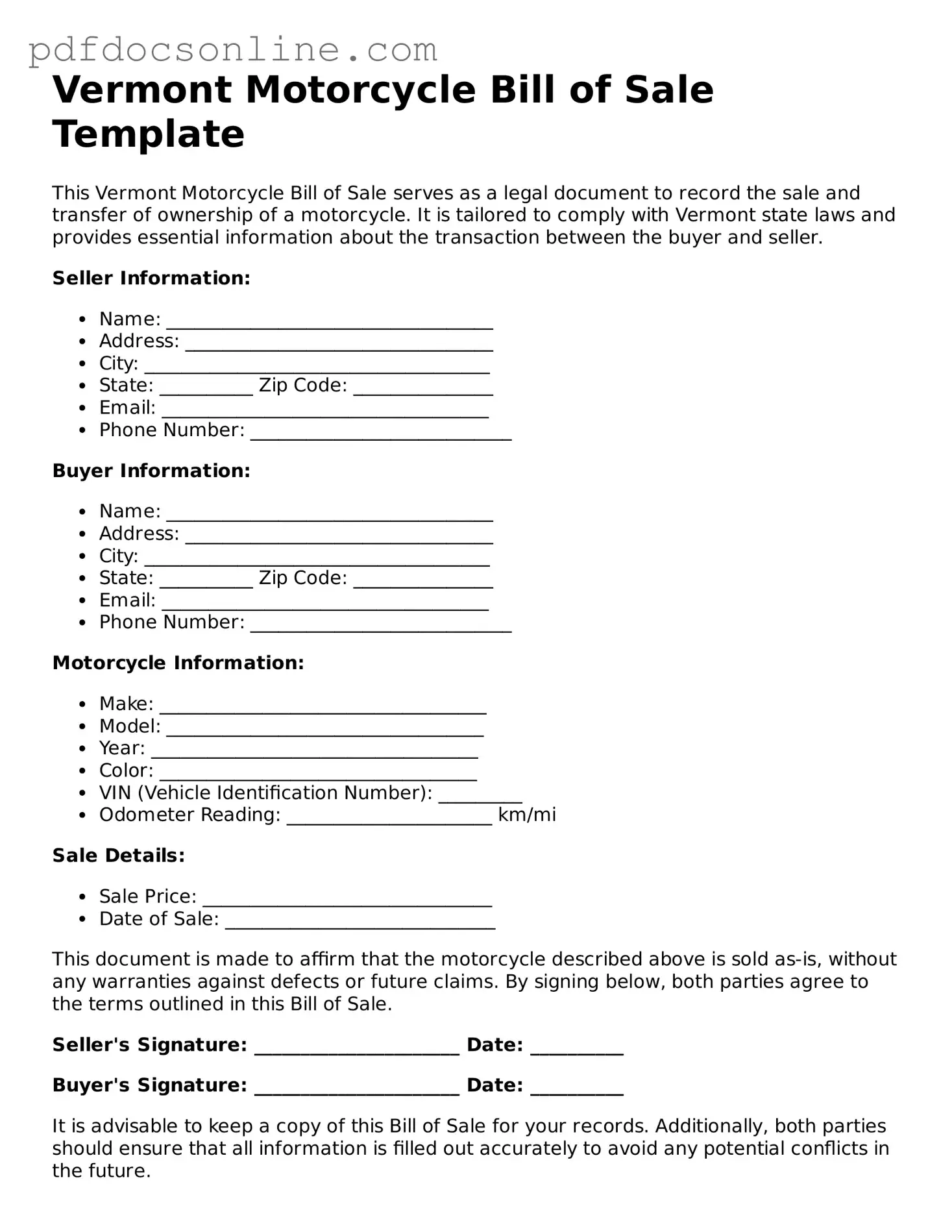 Attorney-Verified  Motorcycle Bill of Sale Form for Vermont