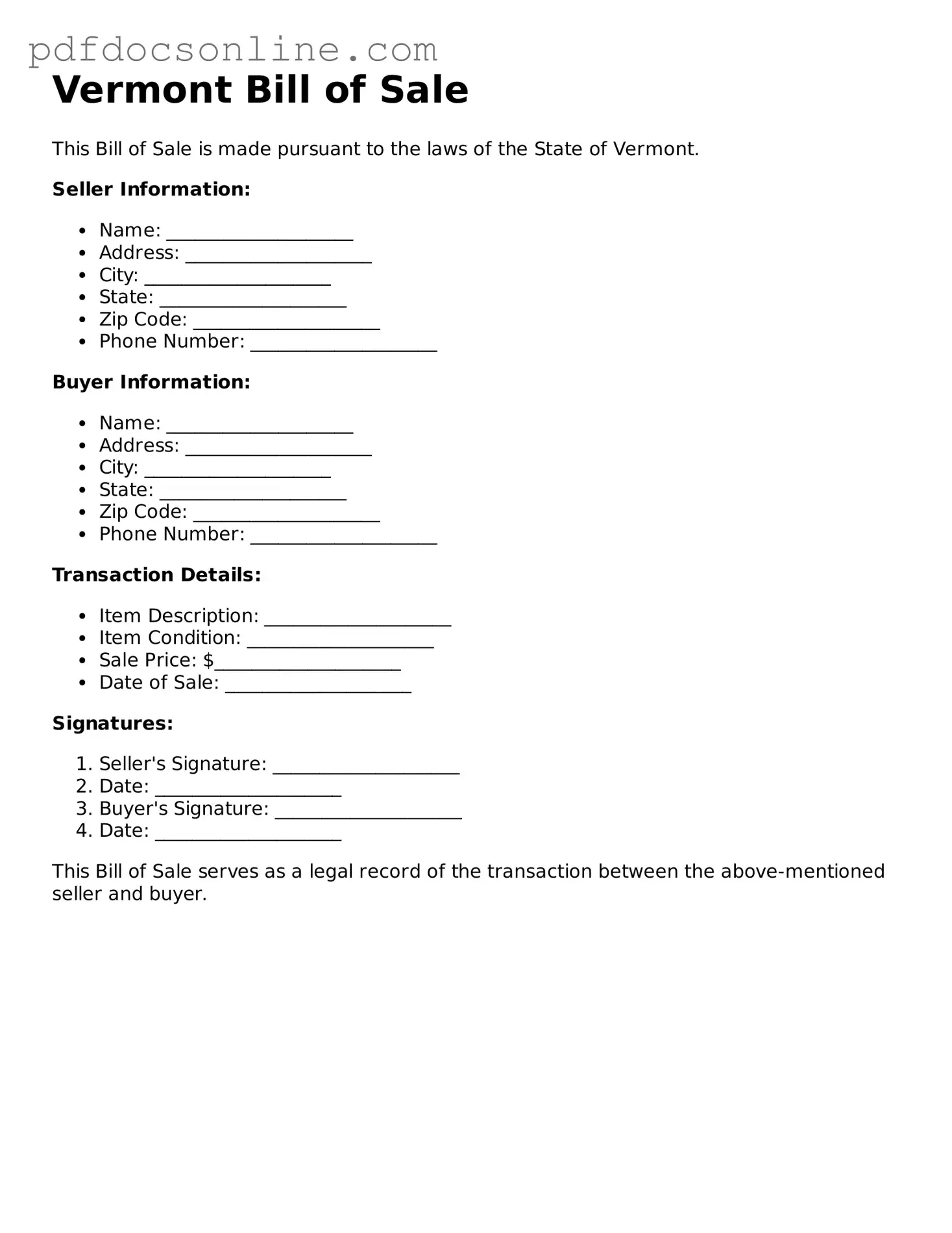 Attorney-Verified  Bill of Sale Form for Vermont