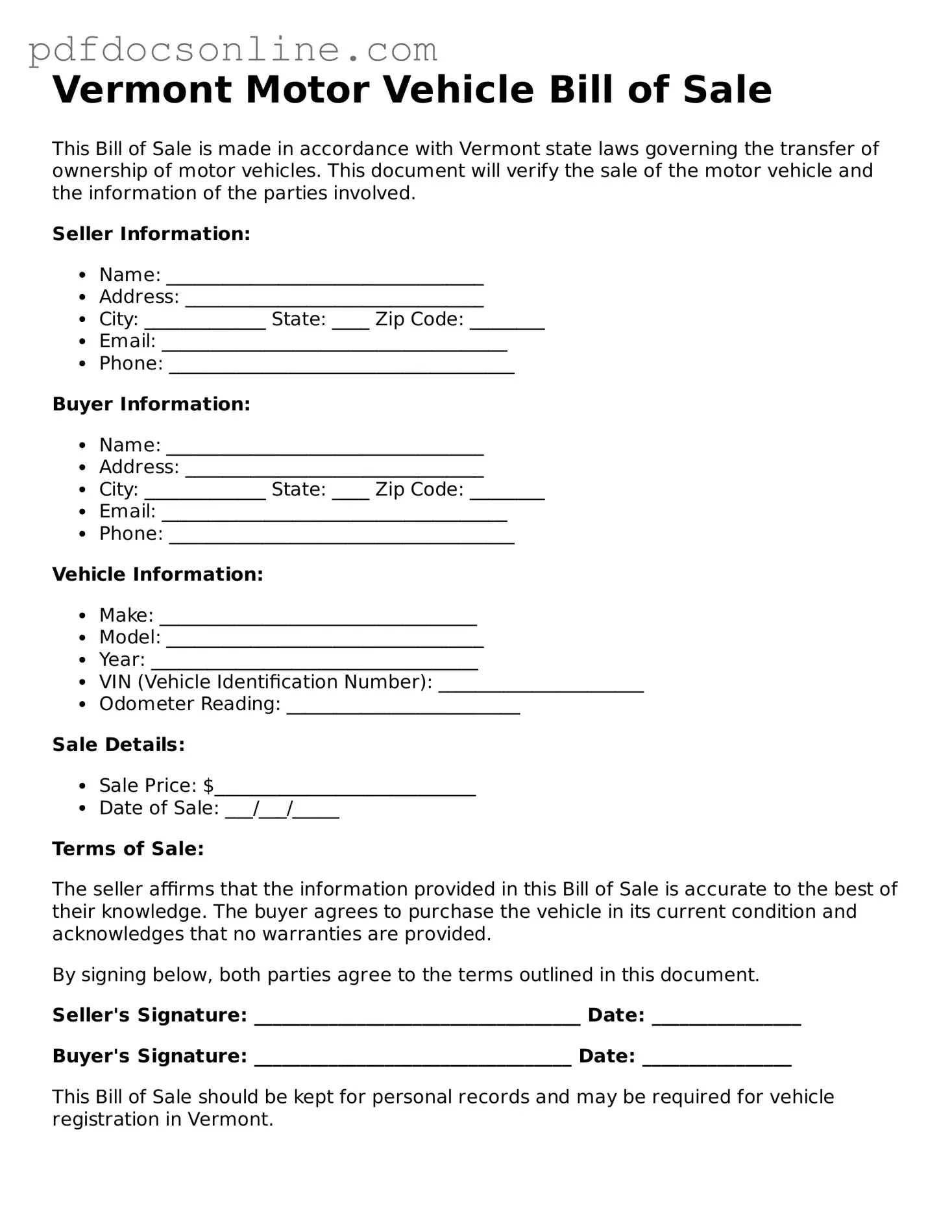 Attorney-Verified  Motor Vehicle Bill of Sale Form for Vermont