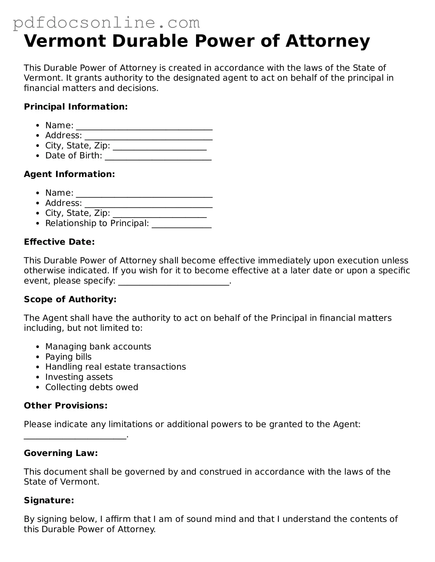 Attorney-Verified  Durable Power of Attorney Form for Vermont