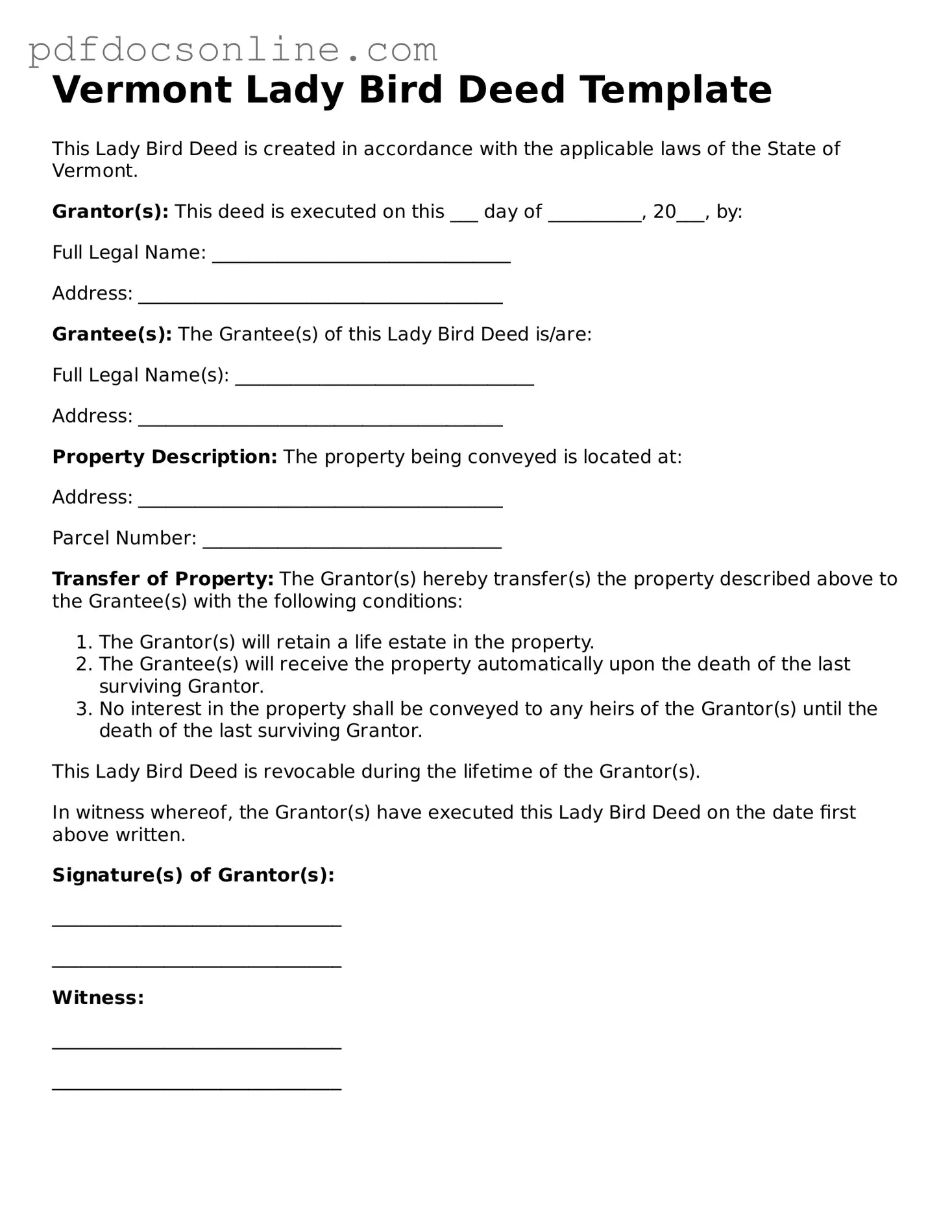 Attorney-Verified  Lady Bird Deed Form for Vermont