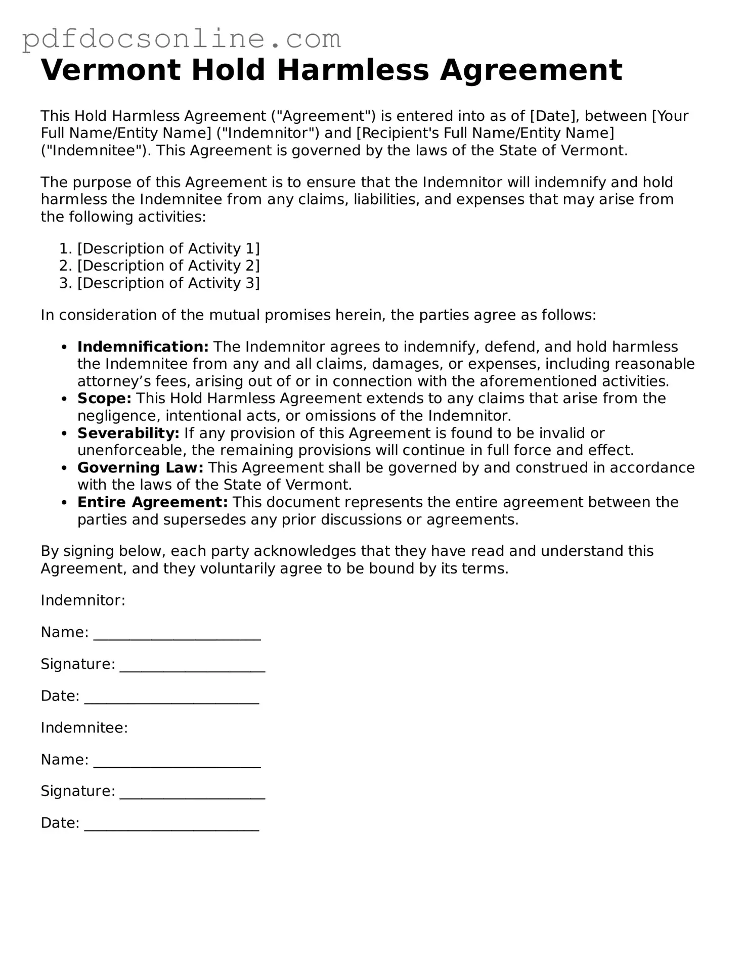 Attorney-Verified  Hold Harmless Agreement Form for Vermont