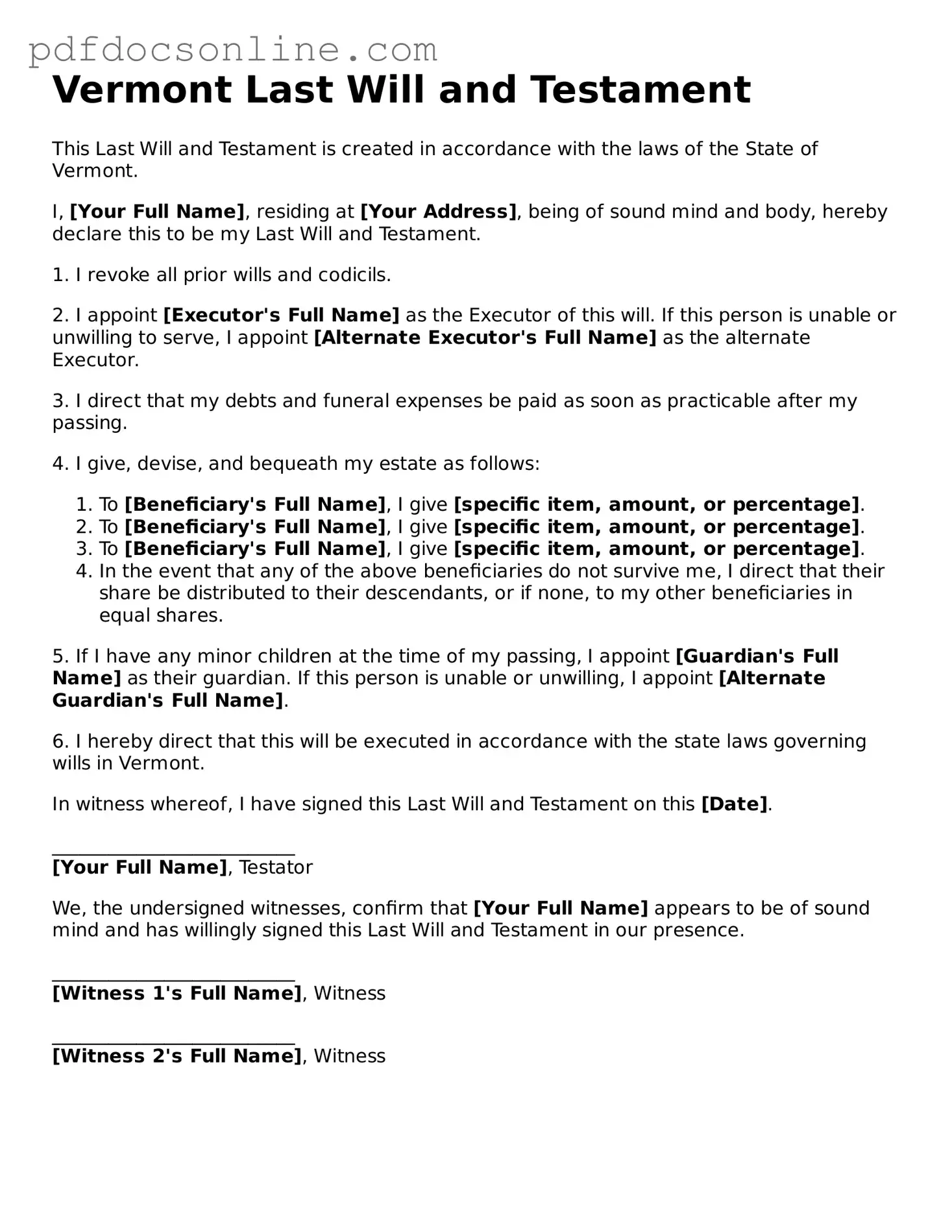 Attorney-Verified  Last Will and Testament Form for Vermont