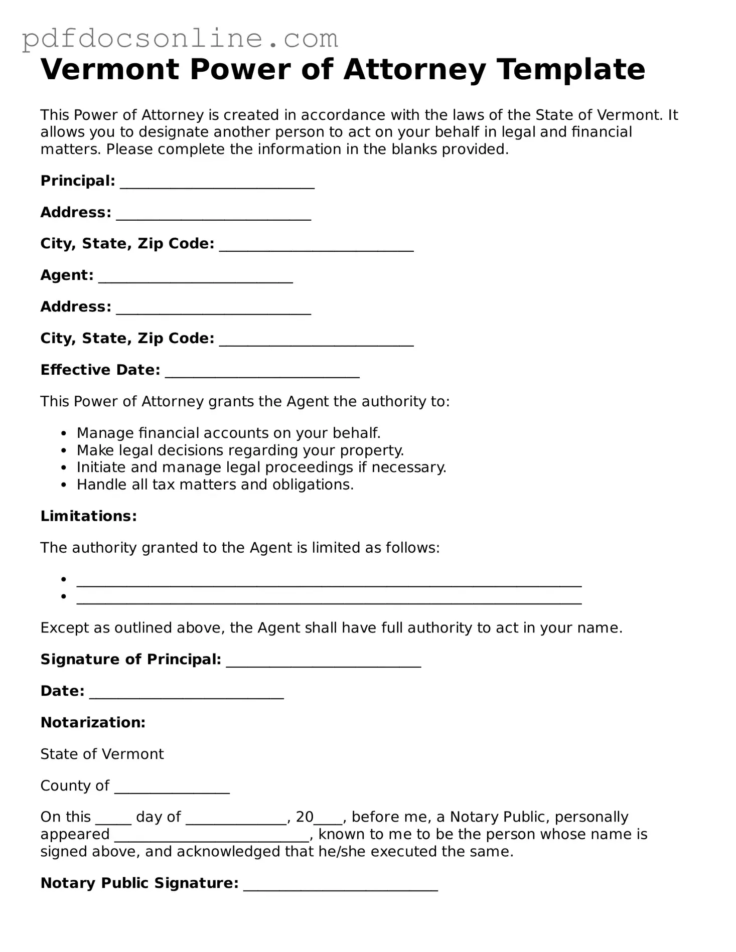 Attorney-Verified  Power of Attorney Form for Vermont