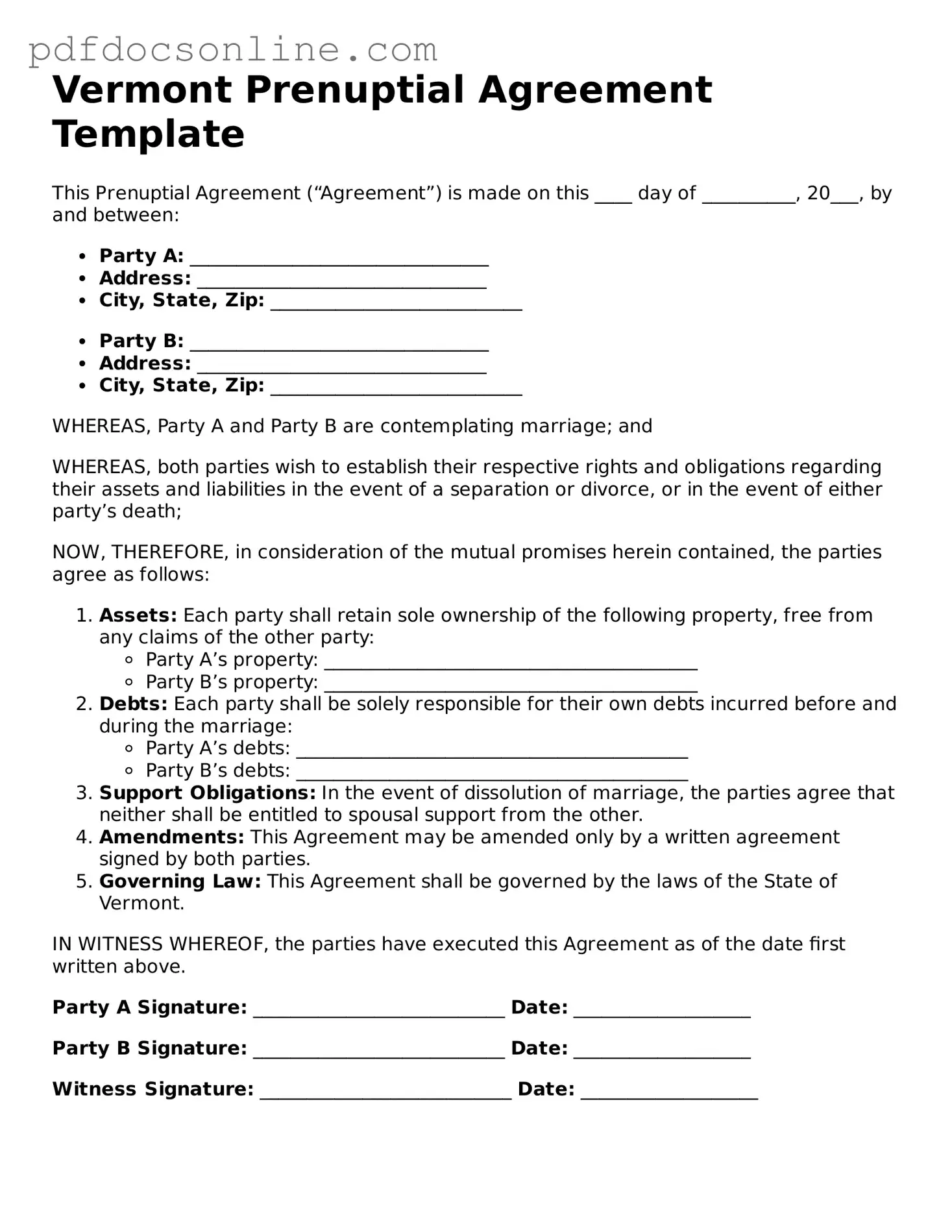 Attorney-Verified  Prenuptial Agreement Form for Vermont