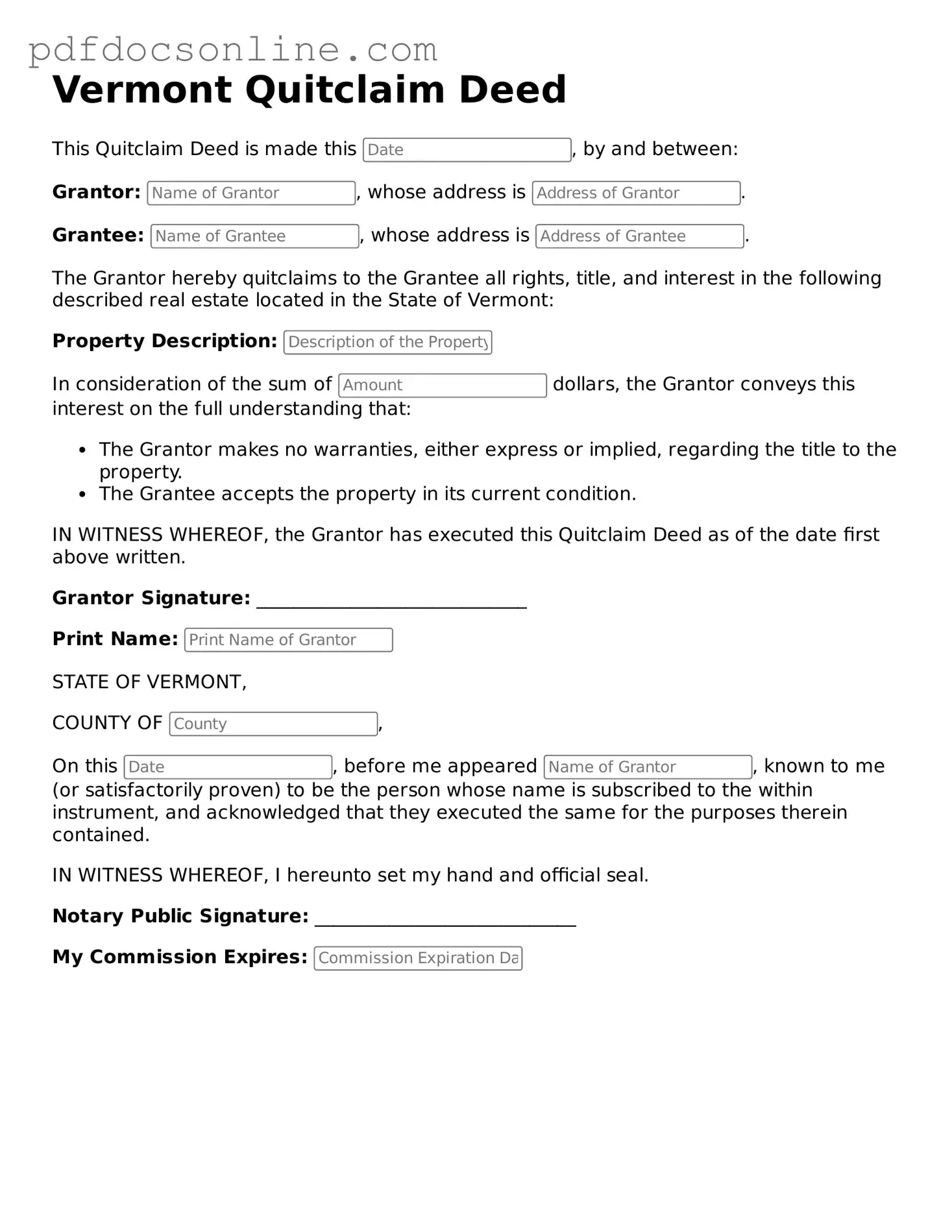 Attorney-Verified  Quitclaim Deed Form for Vermont