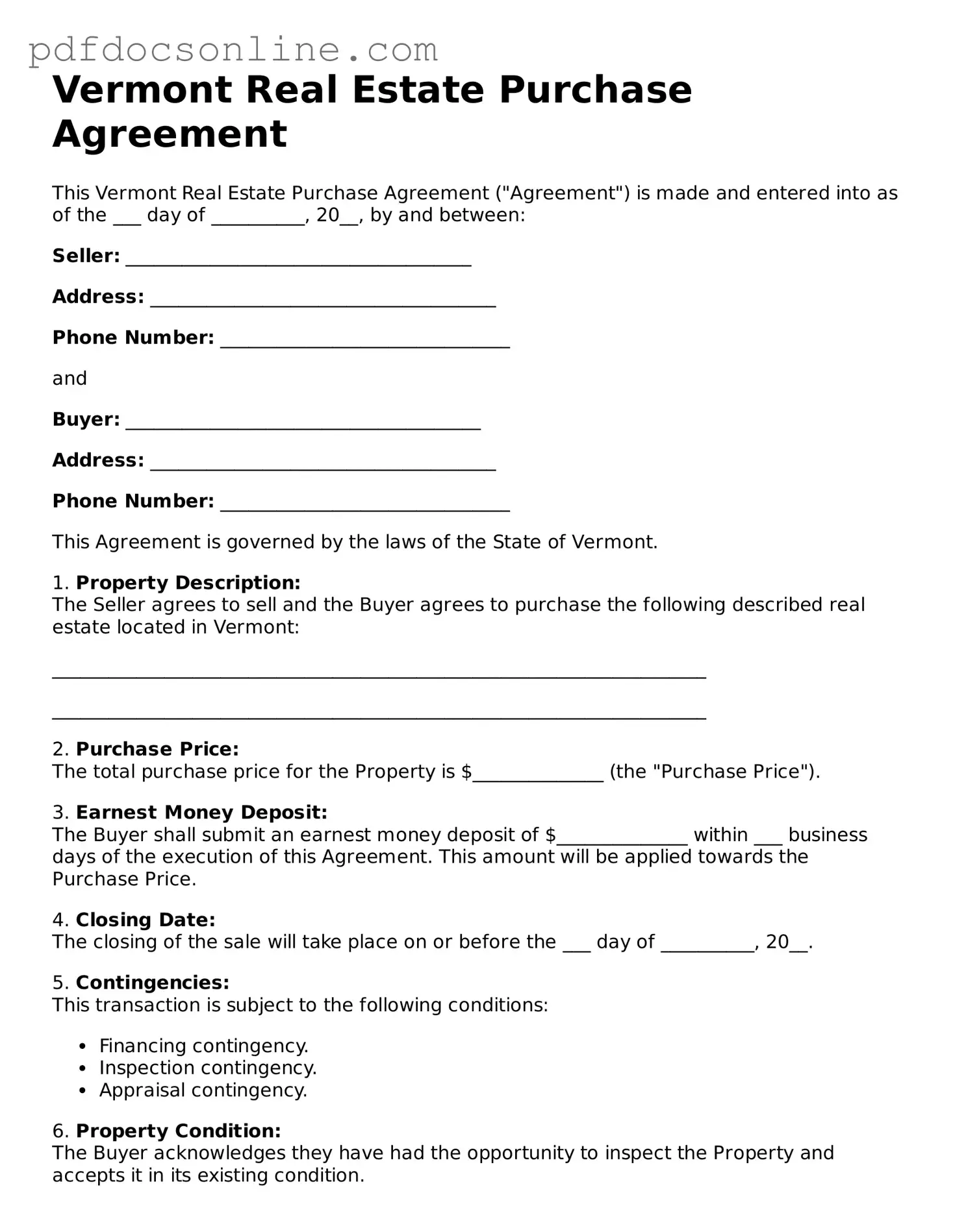 Attorney-Verified  Real Estate Purchase Agreement Form for Vermont