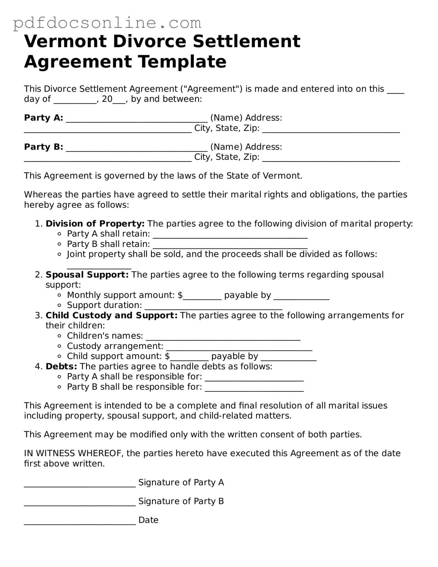 Attorney-Verified  Divorce Settlement Agreement Form for Vermont