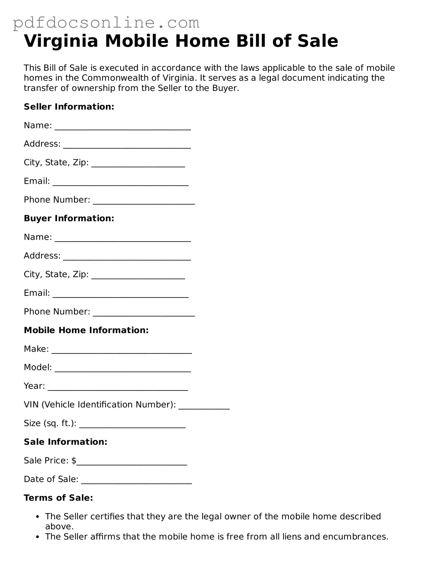 Attorney-Verified  Mobile Home Bill of Sale Form for Virginia