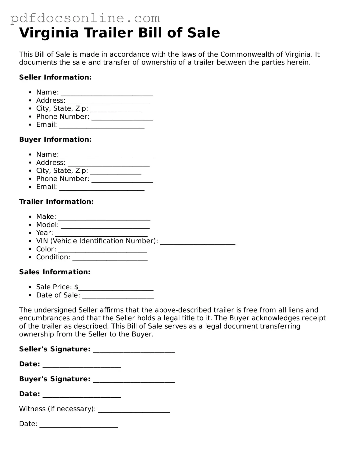 Attorney-Verified  Trailer Bill of Sale Form for Virginia