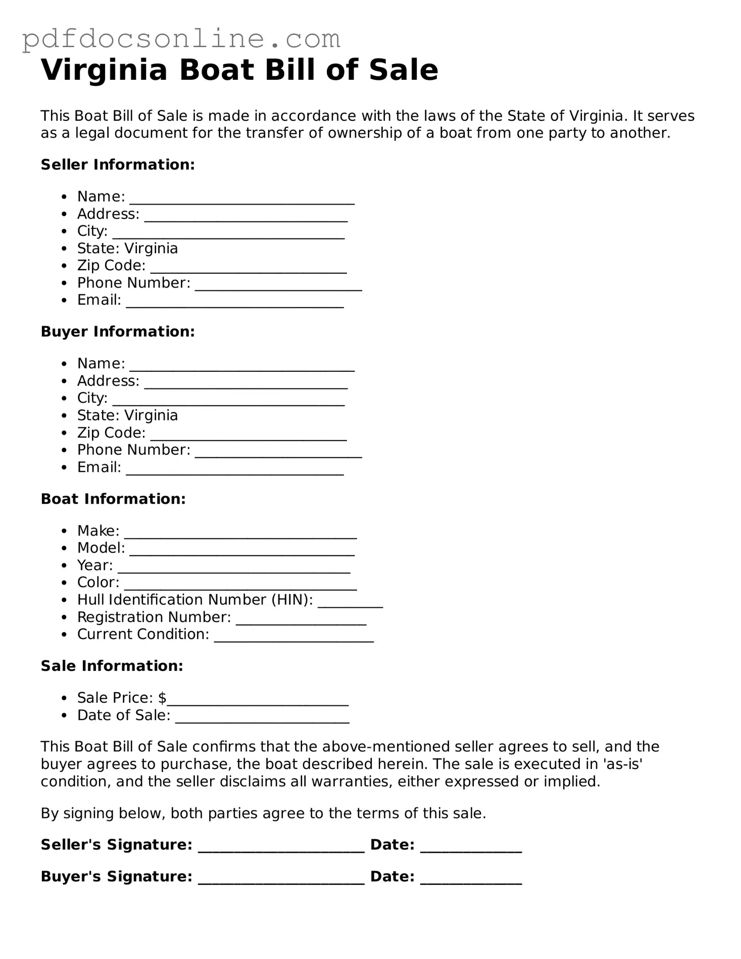 Attorney-Verified  Boat Bill of Sale Form for Virginia