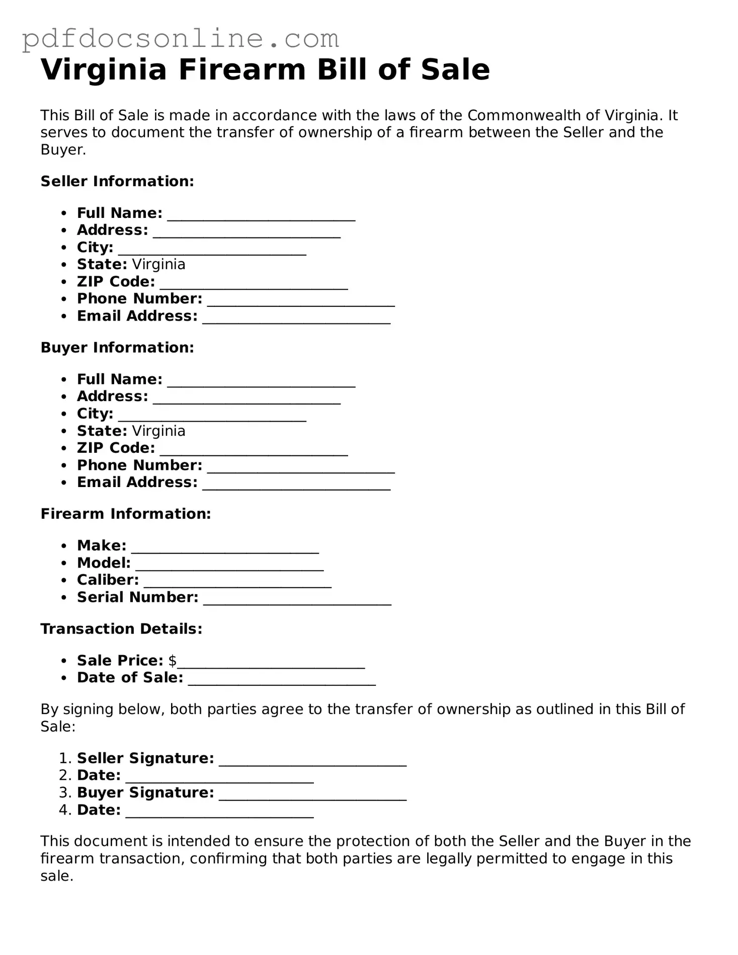 Attorney-Verified  Firearm Bill of Sale Form for Virginia