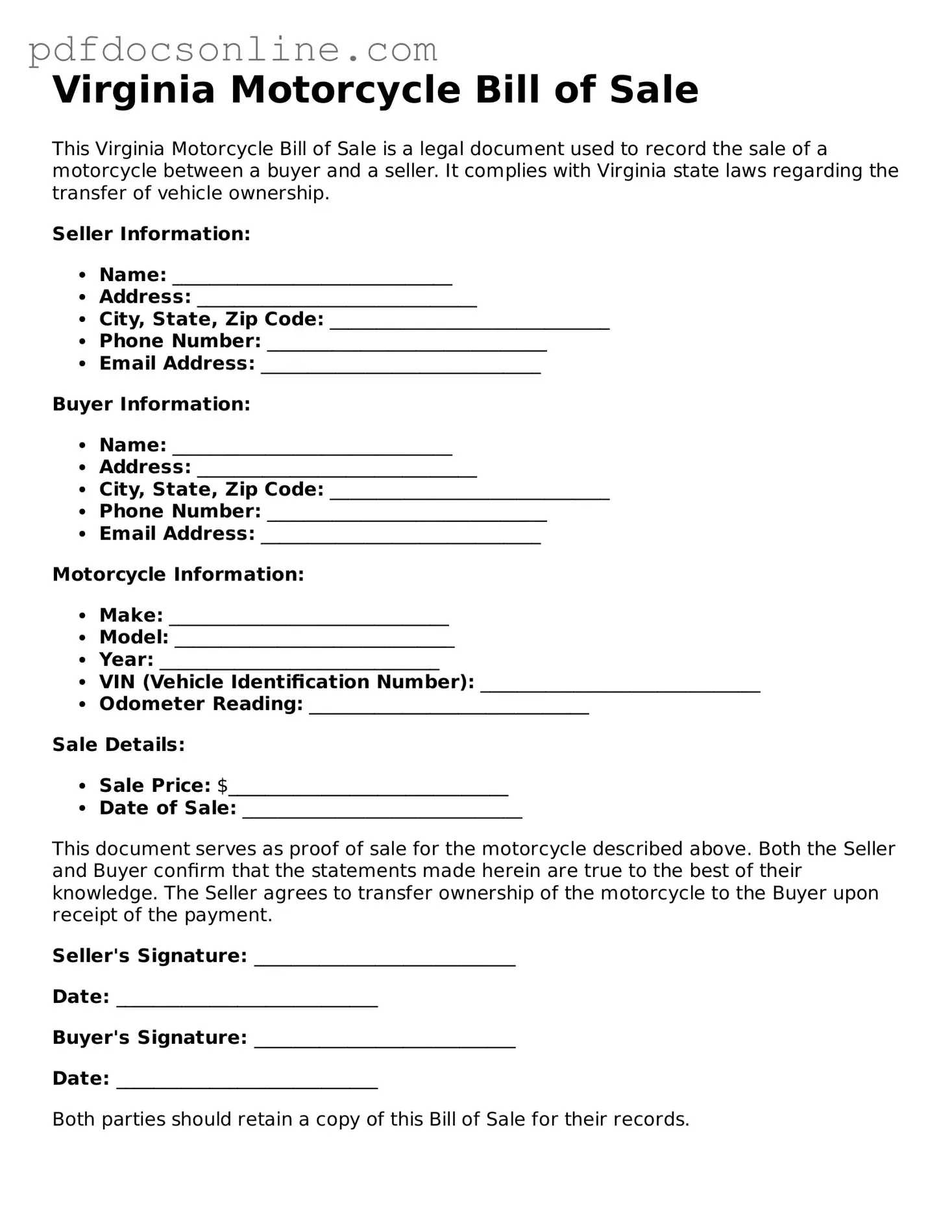 Attorney-Verified  Motorcycle Bill of Sale Form for Virginia