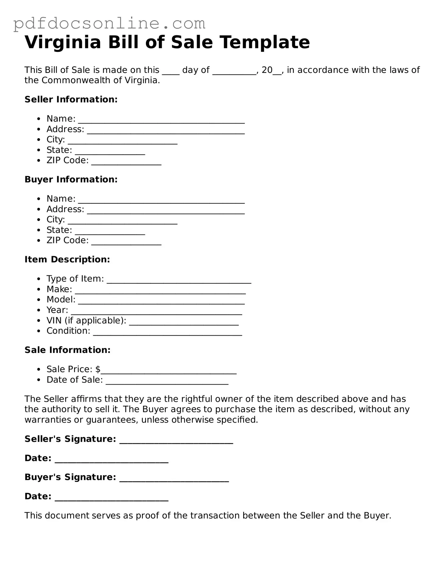 Attorney-Verified  Bill of Sale Form for Virginia