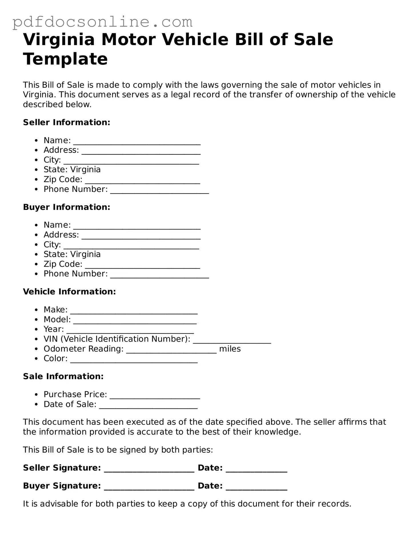 Attorney-Verified  Motor Vehicle Bill of Sale Form for Virginia