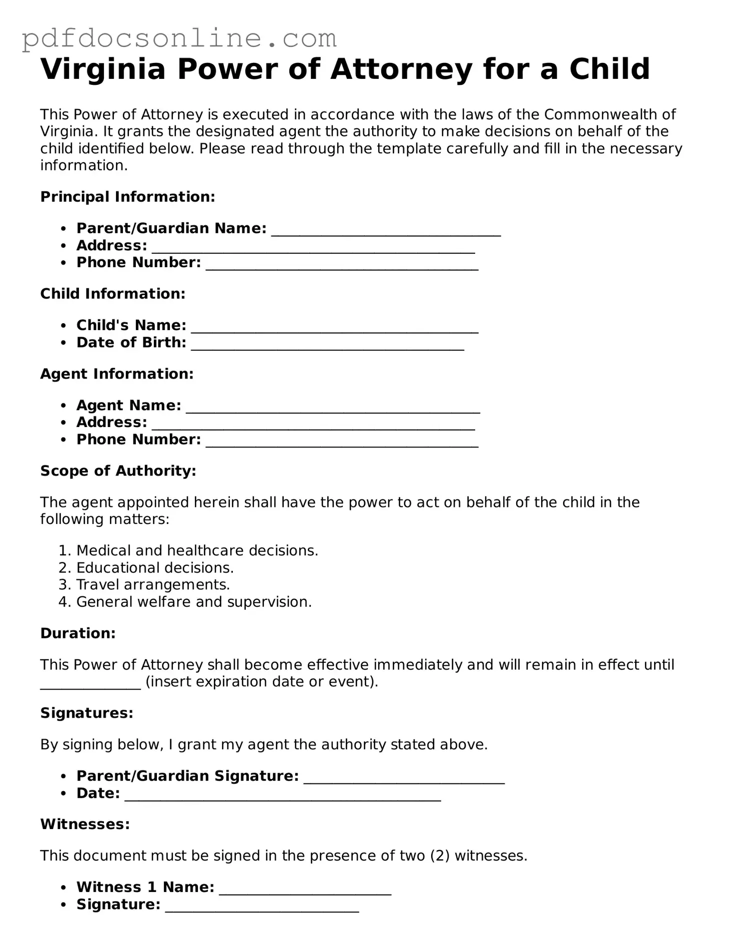 Attorney-Verified  Power of Attorney for a Child Form for Virginia