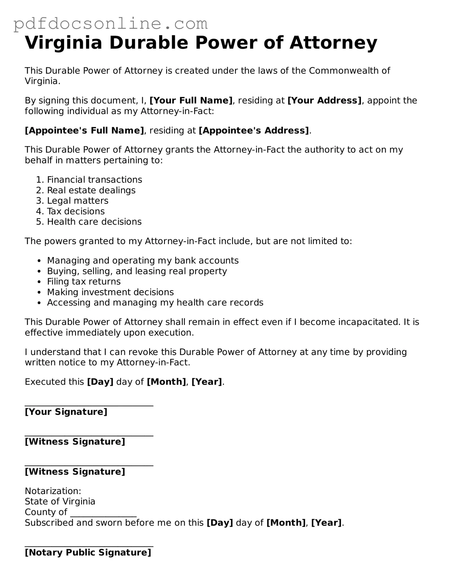 Attorney-Verified  Durable Power of Attorney Form for Virginia