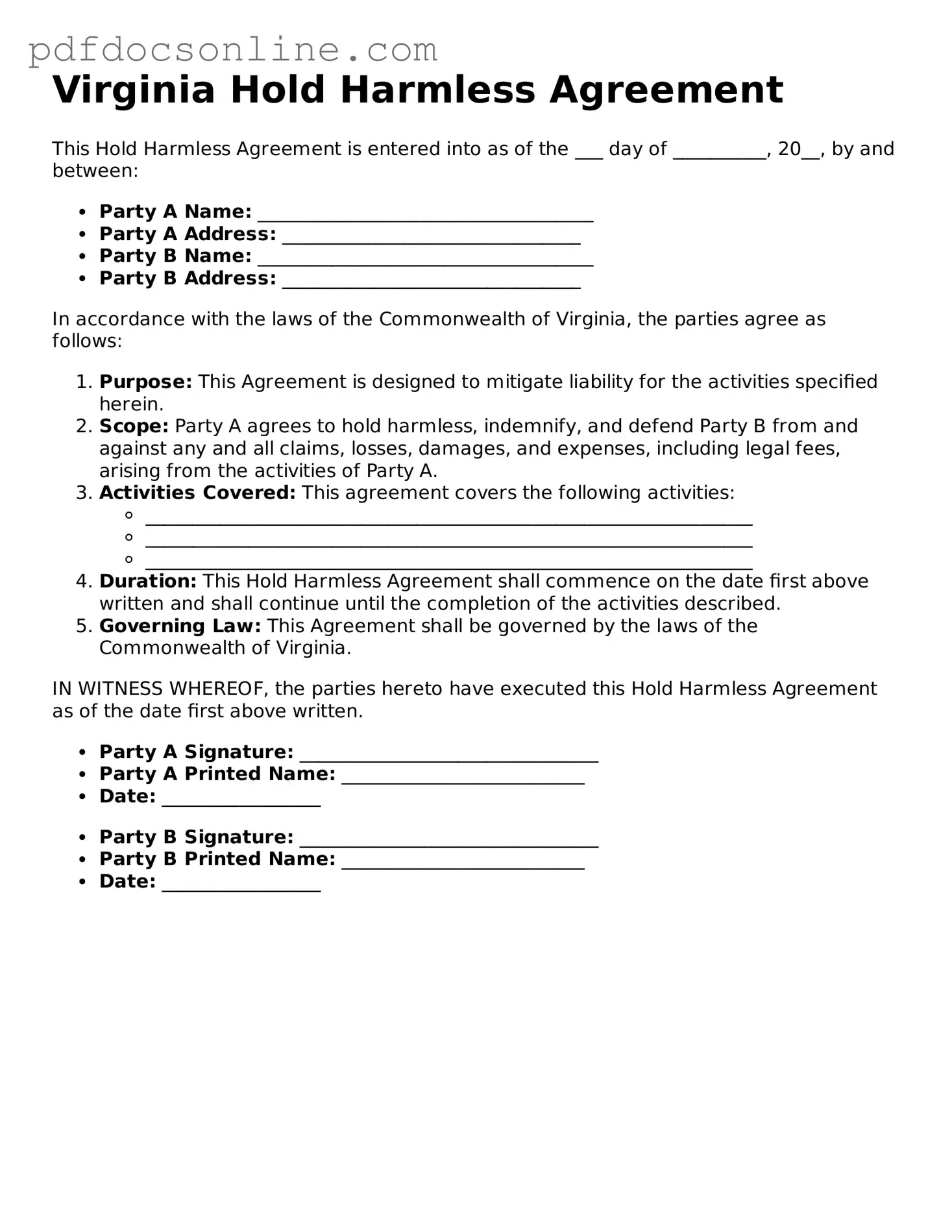 Attorney-Verified  Hold Harmless Agreement Form for Virginia