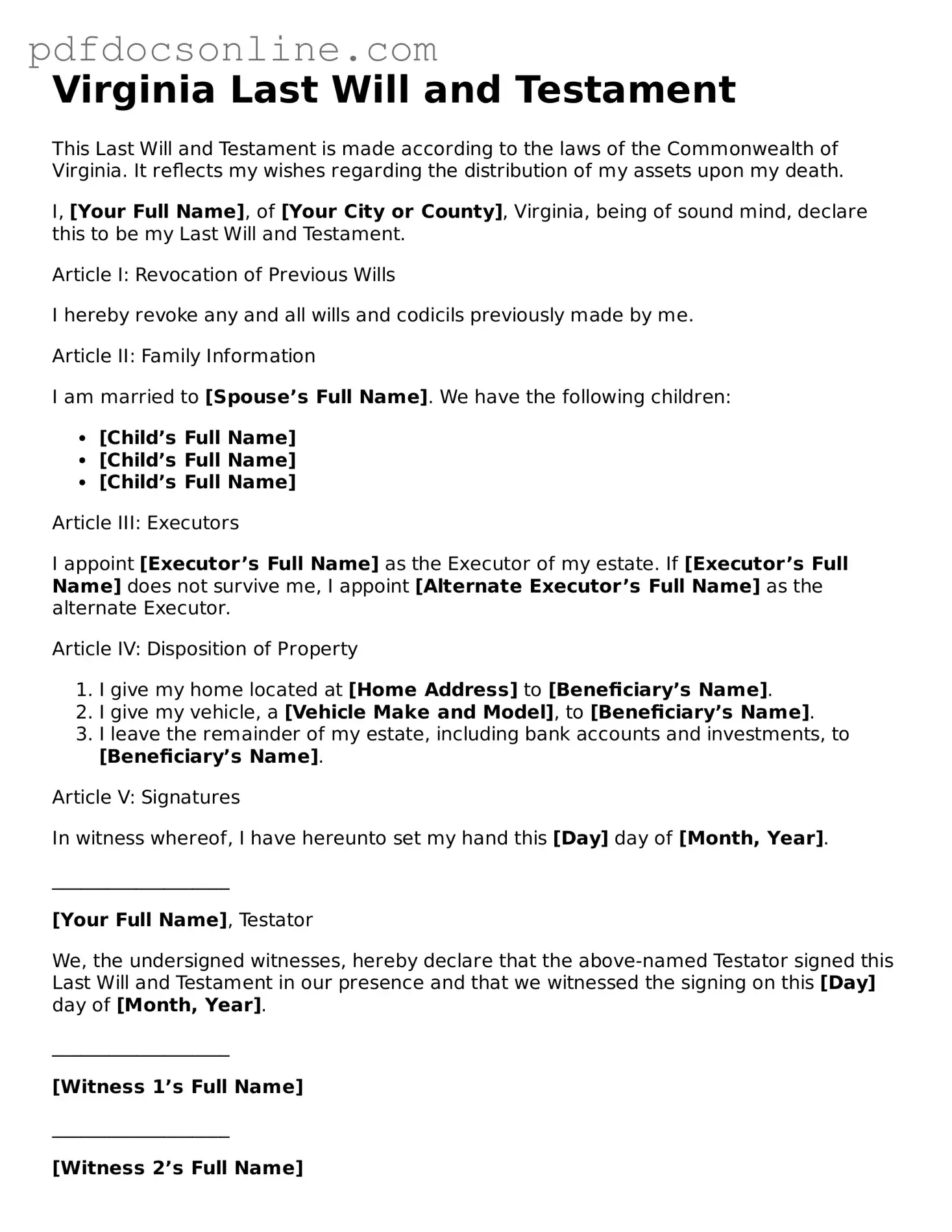 Attorney-Verified  Last Will and Testament Form for Virginia