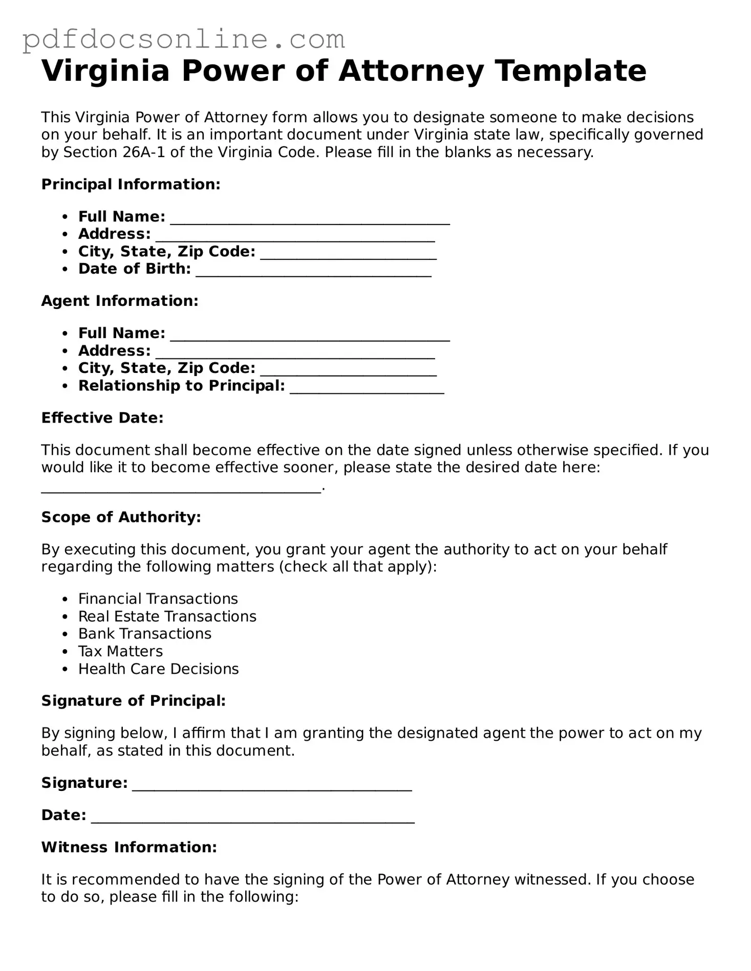 Attorney-Verified  Power of Attorney Form for Virginia