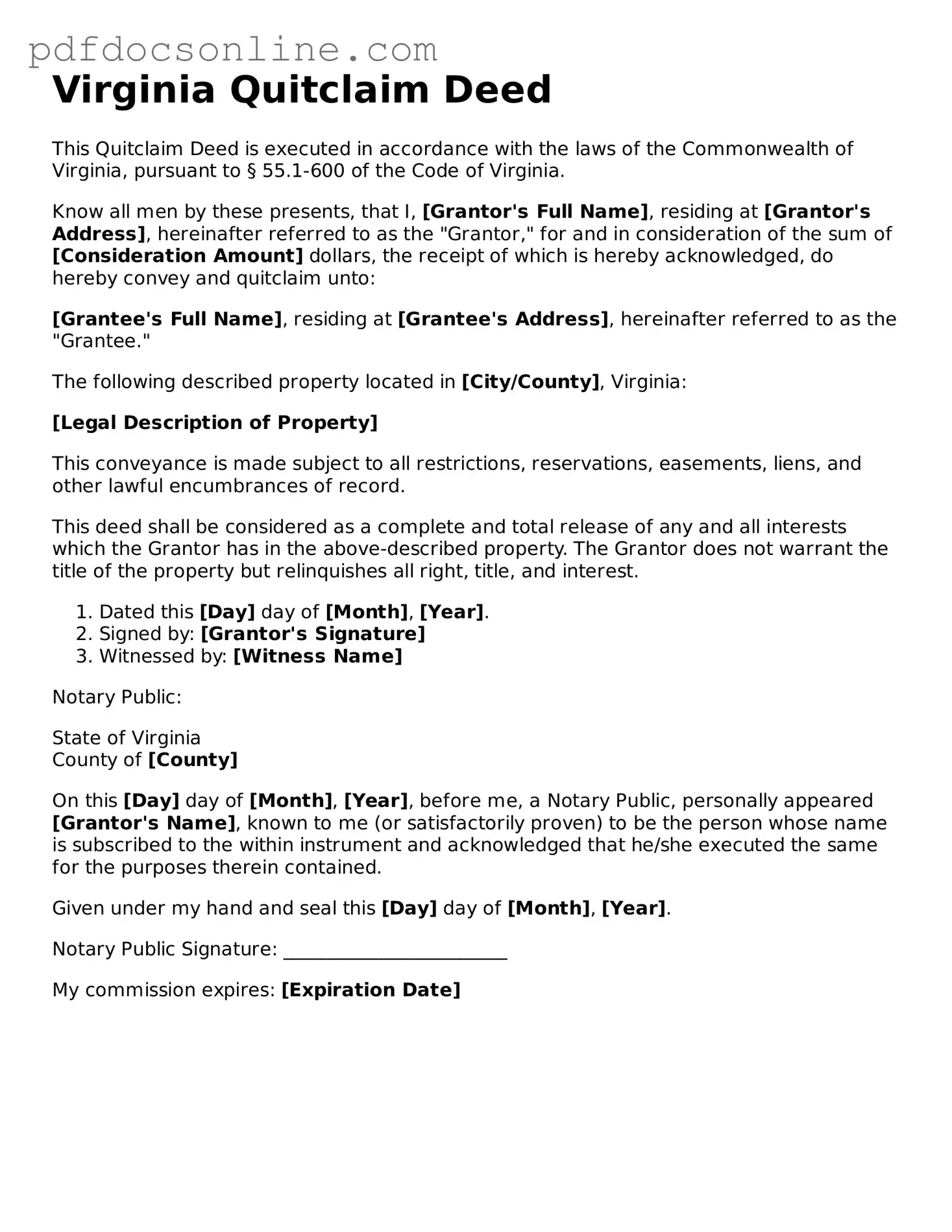 Attorney-Verified  Quitclaim Deed Form for Virginia