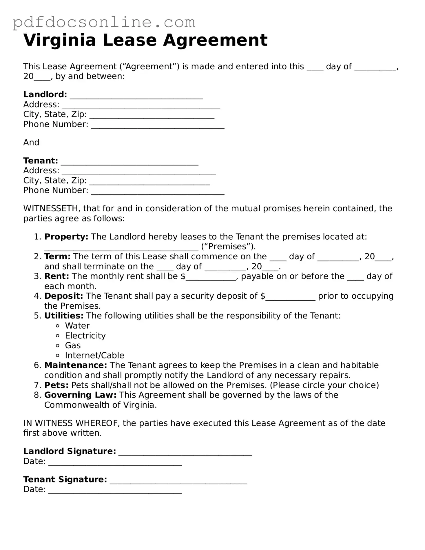 Attorney-Verified  Lease Agreement Form for Virginia
