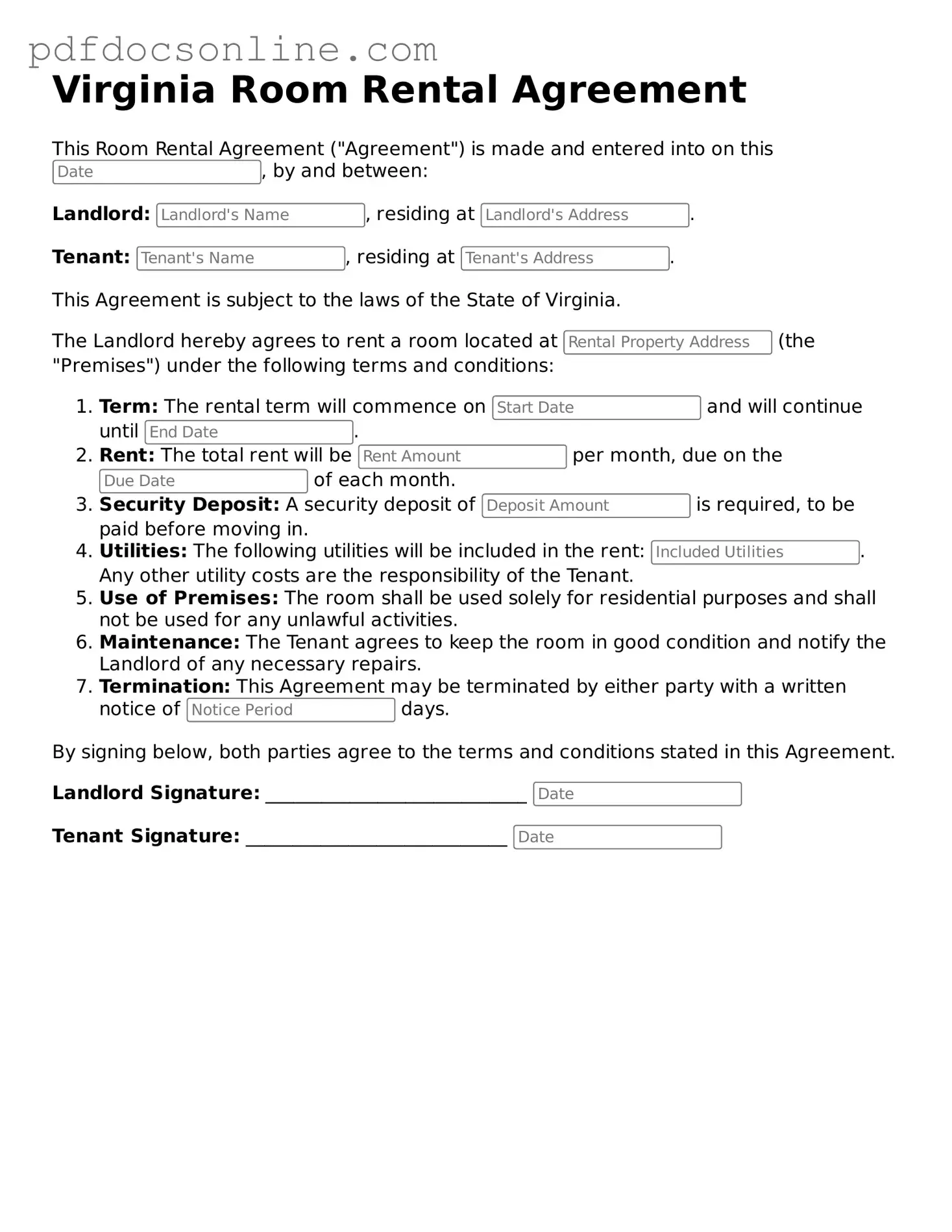 Attorney-Verified  Room Rental Agreement Form for Virginia