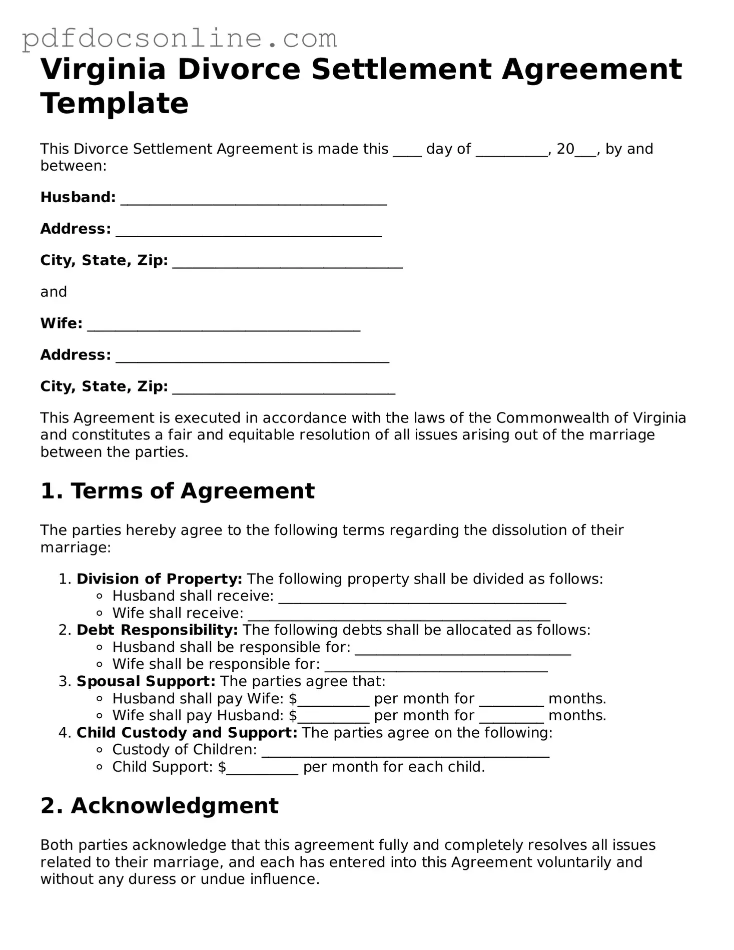 Attorney-Verified  Divorce Settlement Agreement Form for Virginia