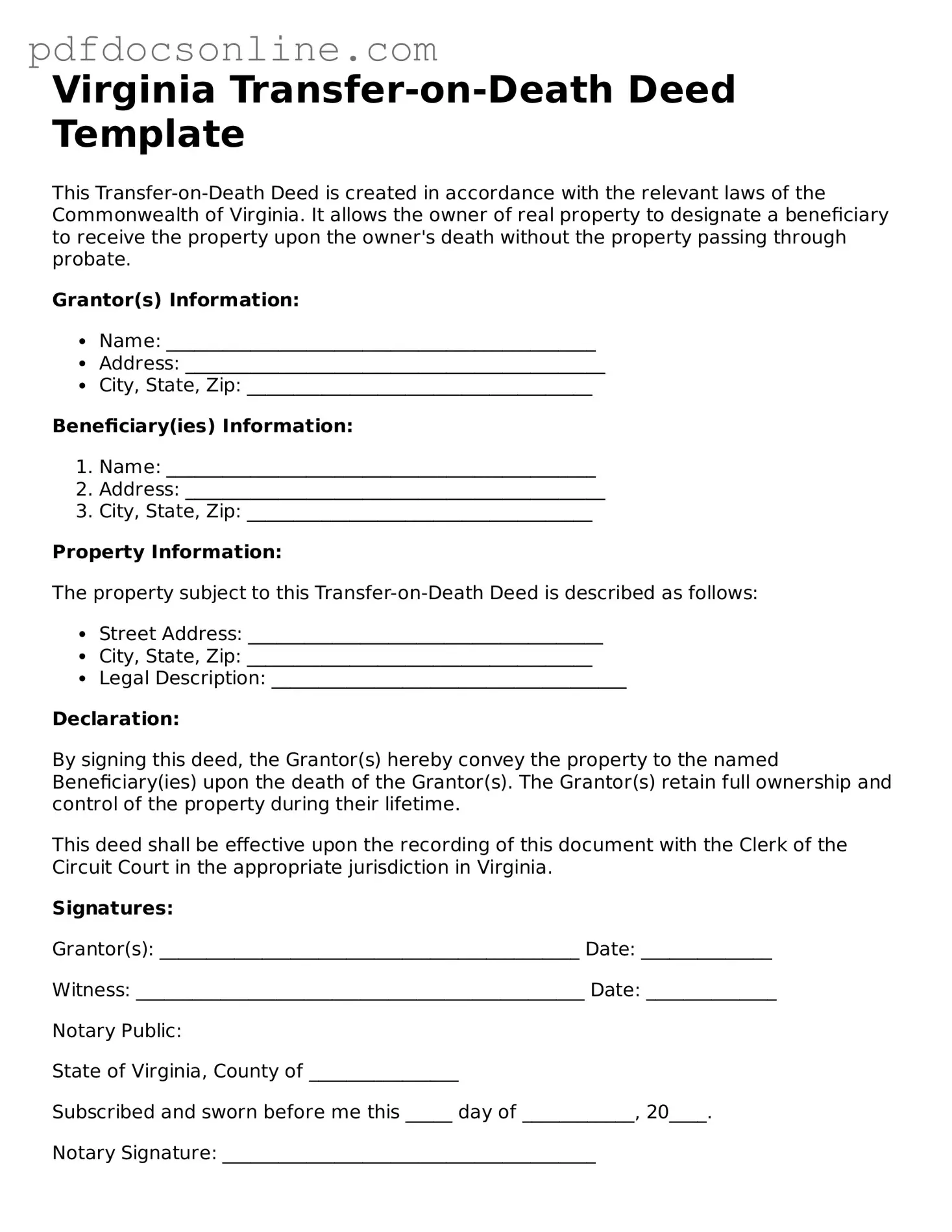 Attorney-Verified  Transfer-on-Death Deed Form for Virginia