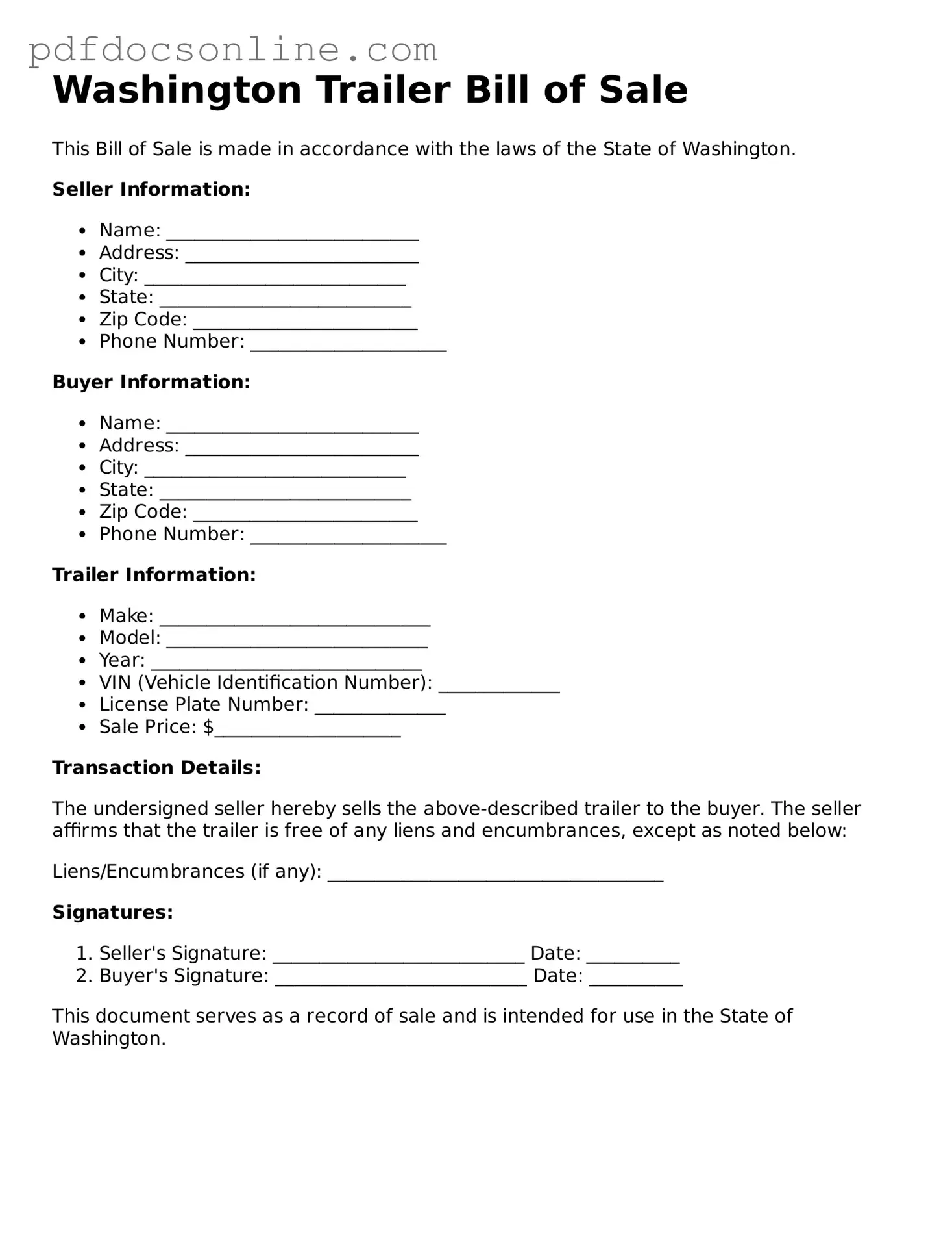 Attorney-Verified  Trailer Bill of Sale Form for Washington