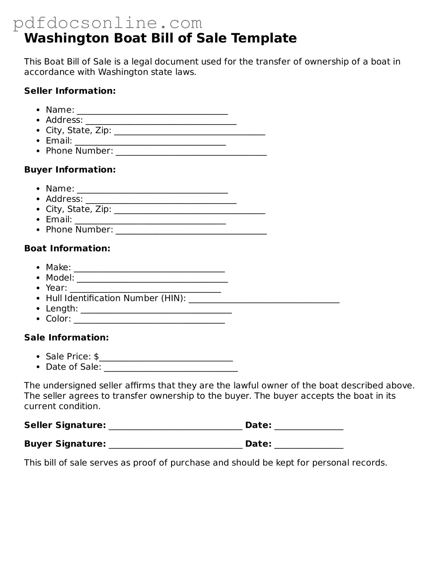 Attorney-Verified  Boat Bill of Sale Form for Washington