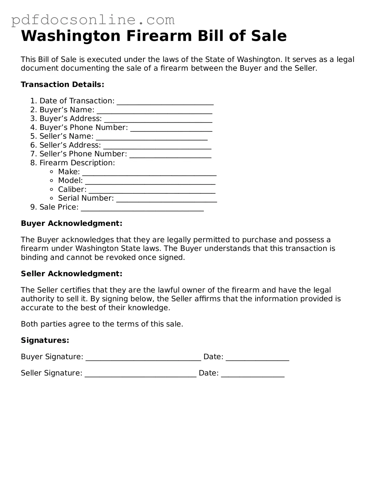 Attorney-Verified  Firearm Bill of Sale Form for Washington