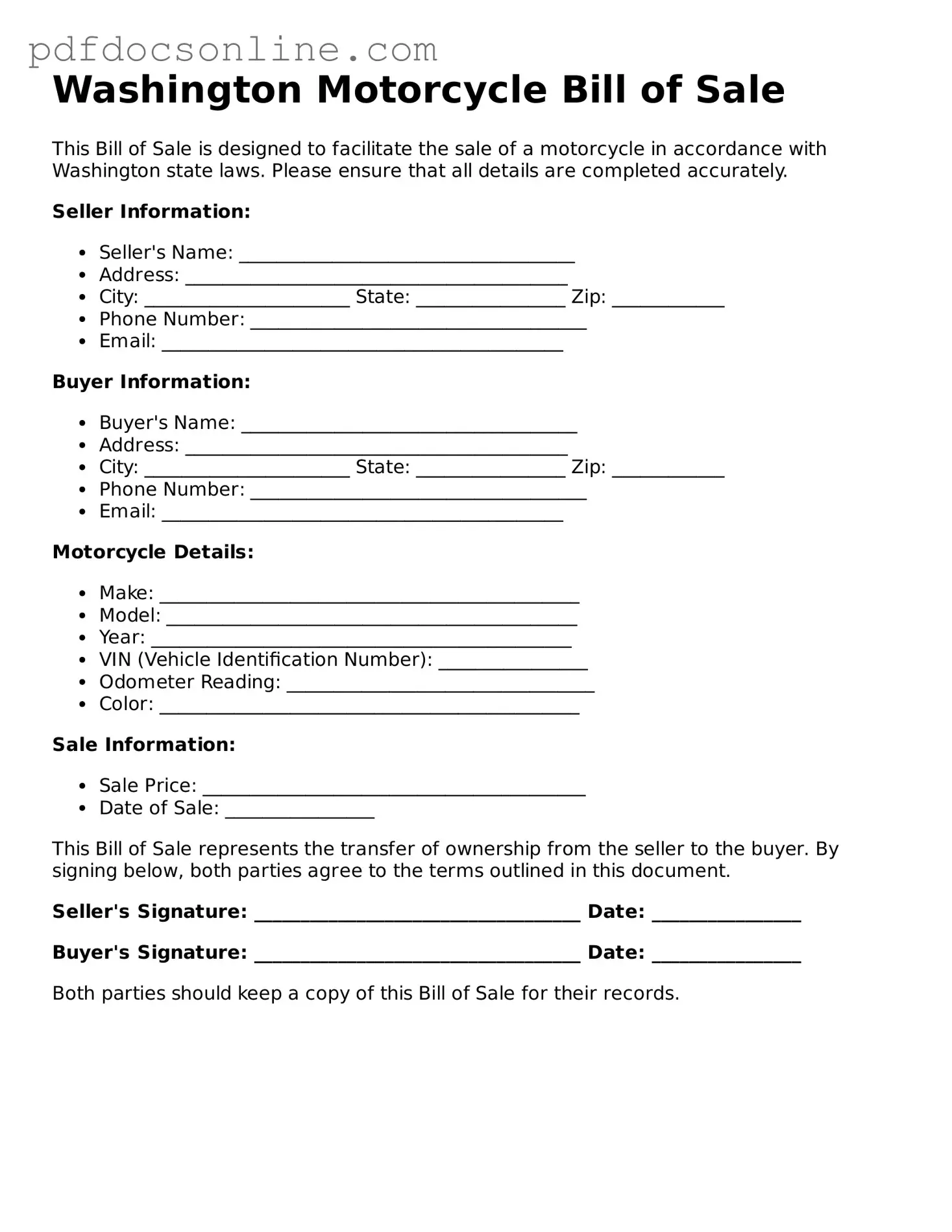 Attorney-Verified  Motorcycle Bill of Sale Form for Washington