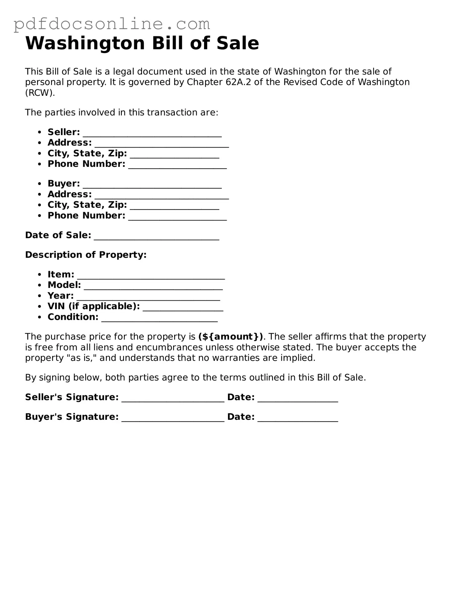 Attorney-Verified  Bill of Sale Form for Washington