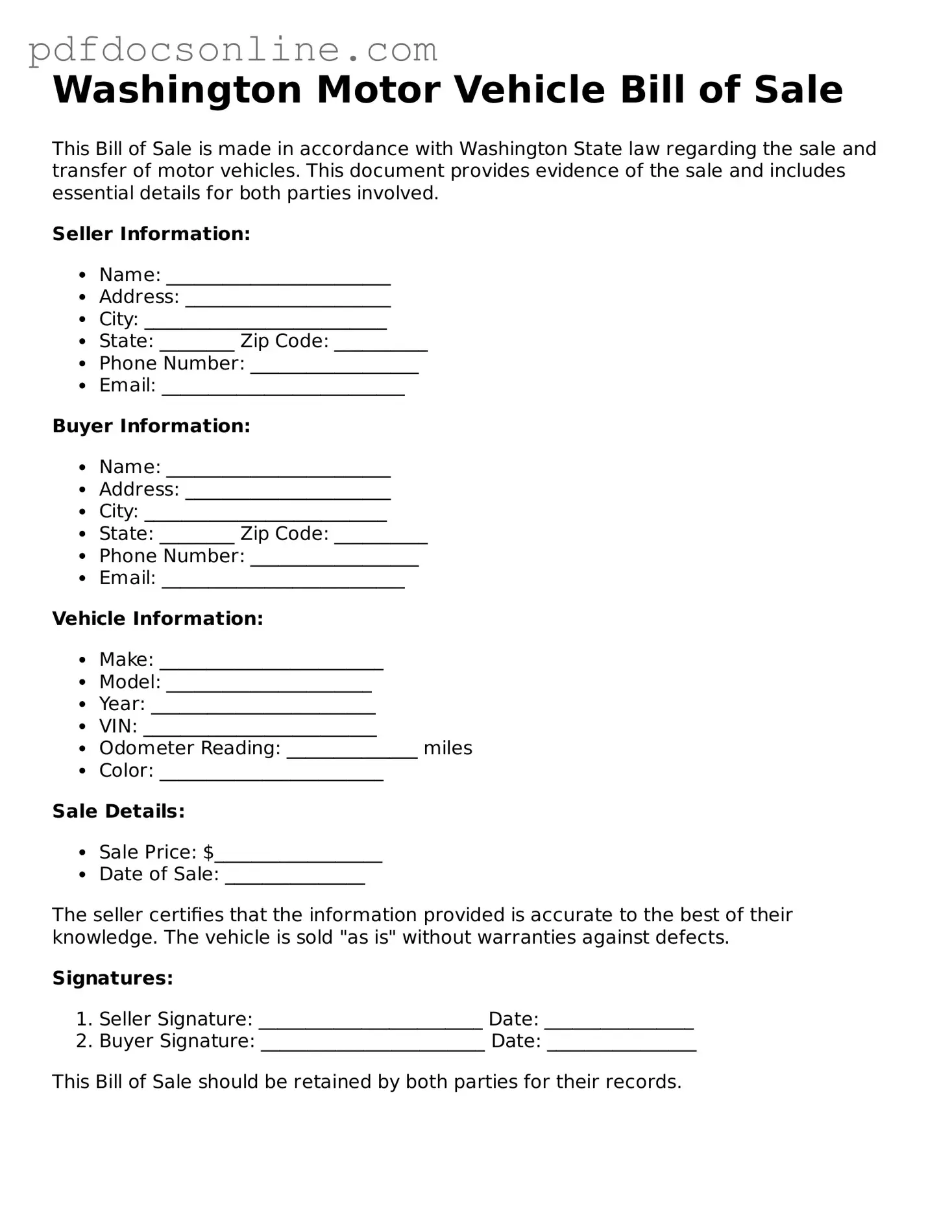 Attorney-Verified  Motor Vehicle Bill of Sale Form for Washington