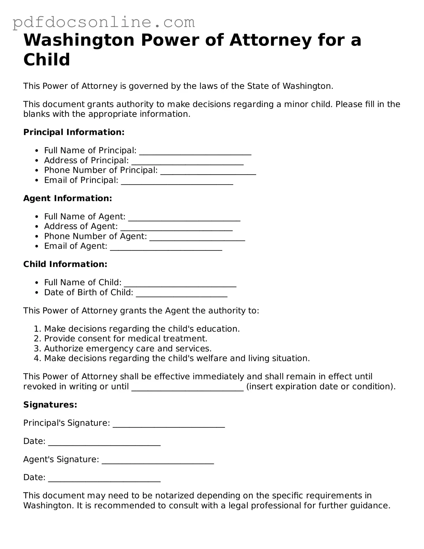 Attorney-Verified  Power of Attorney for a Child Form for Washington