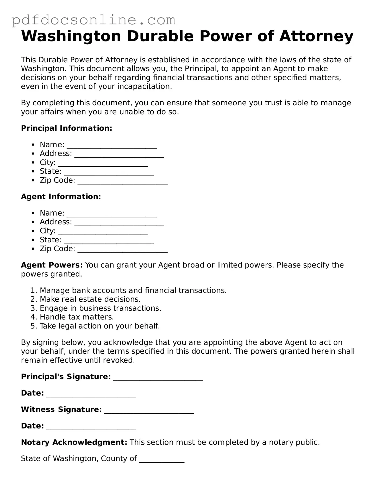 Attorney-Verified  Durable Power of Attorney Form for Washington