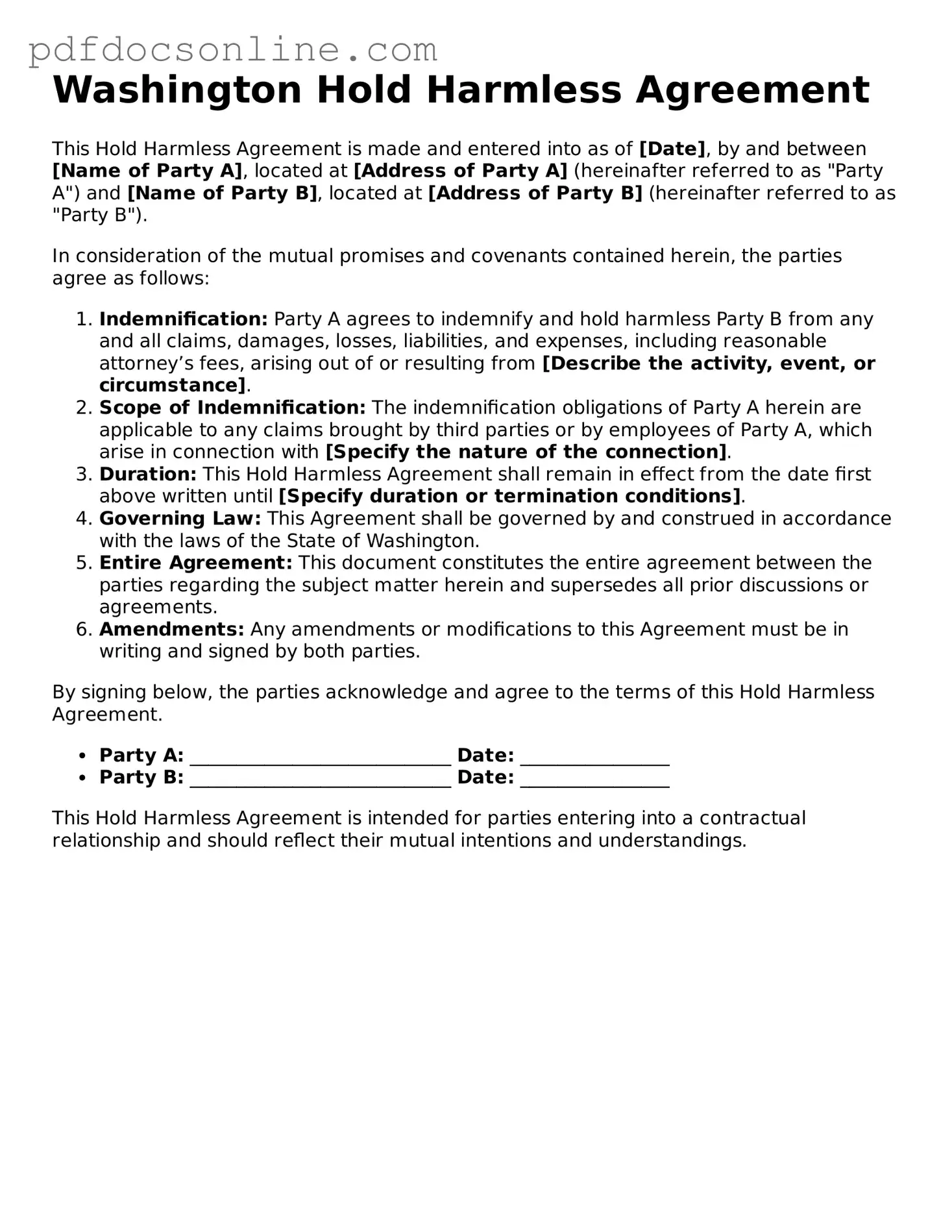 Attorney-Verified  Hold Harmless Agreement Form for Washington
