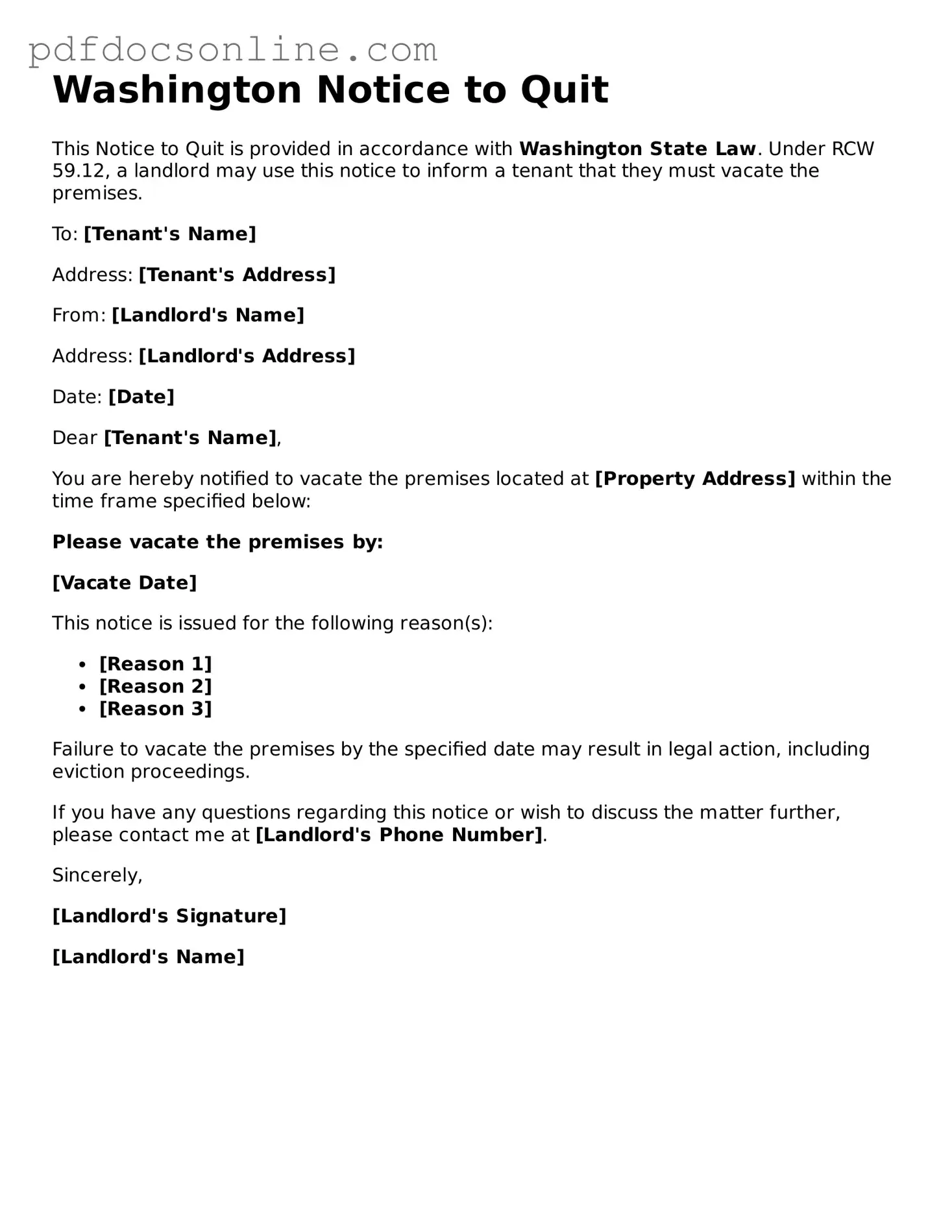 Attorney-Verified  Notice to Quit Form for Washington